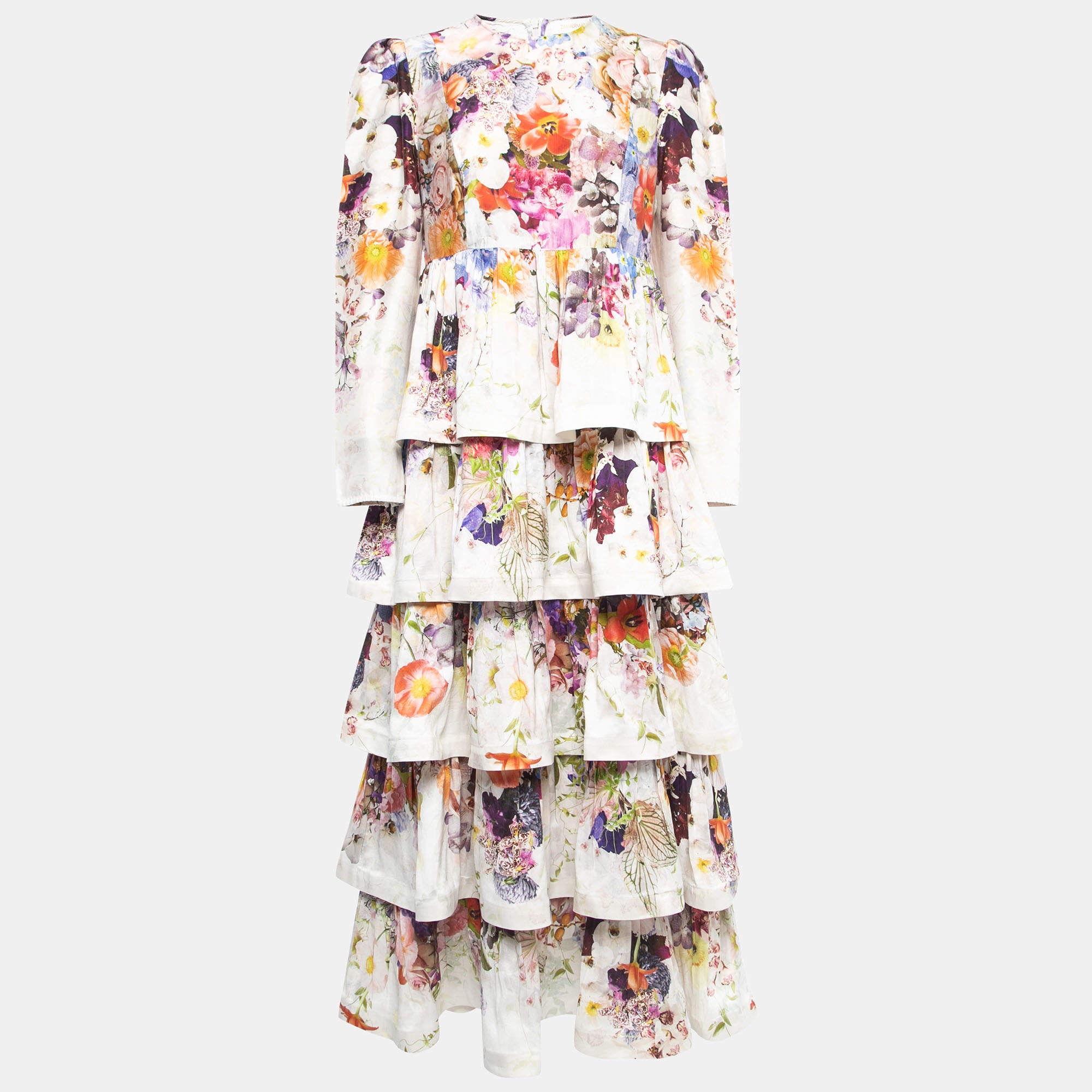 Zimmermann Multicolor Floral Print Silk Prima Tiered Long Sleeve Dress M