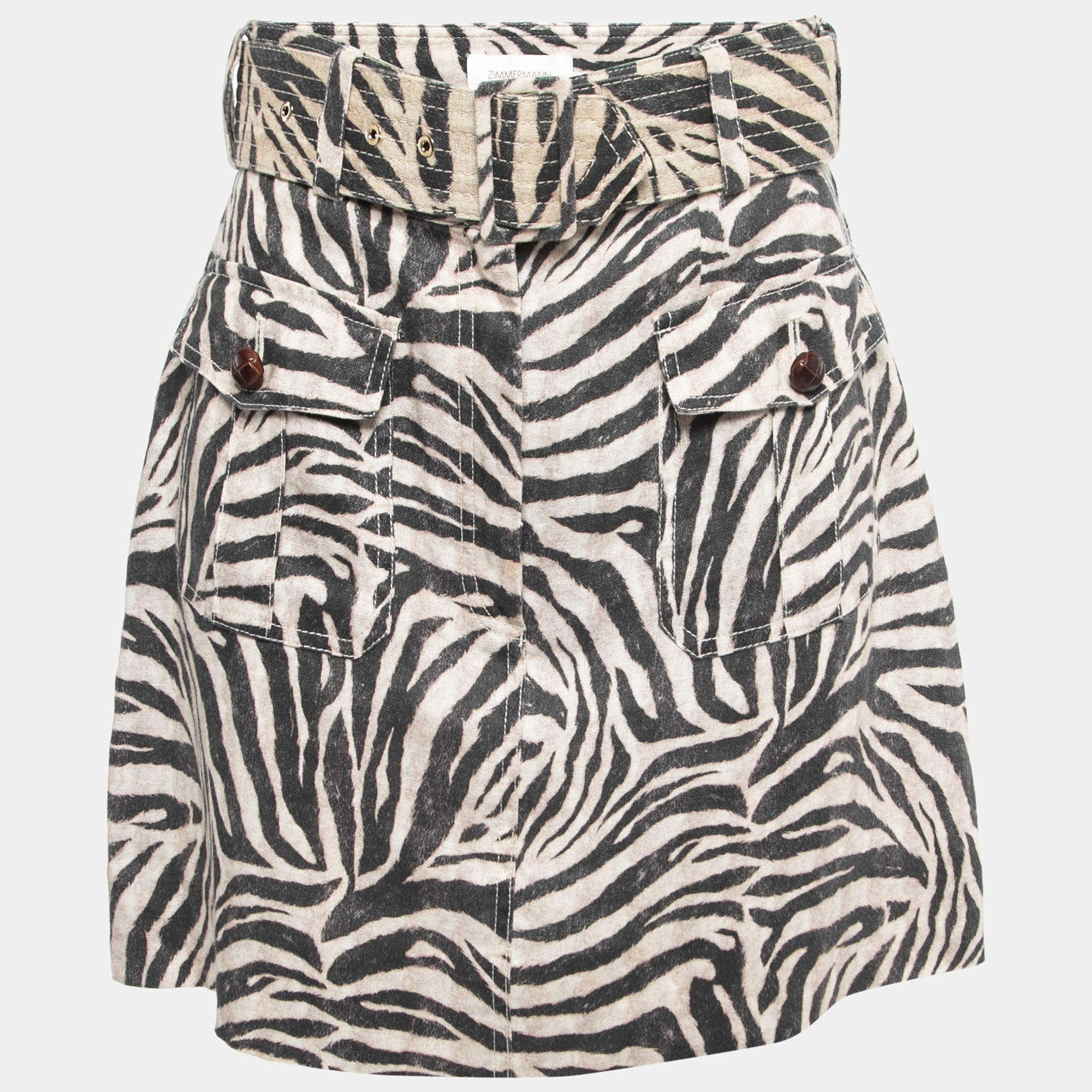 Zimmermann Beige Zebra Print Linen Belted Mini Skirt M