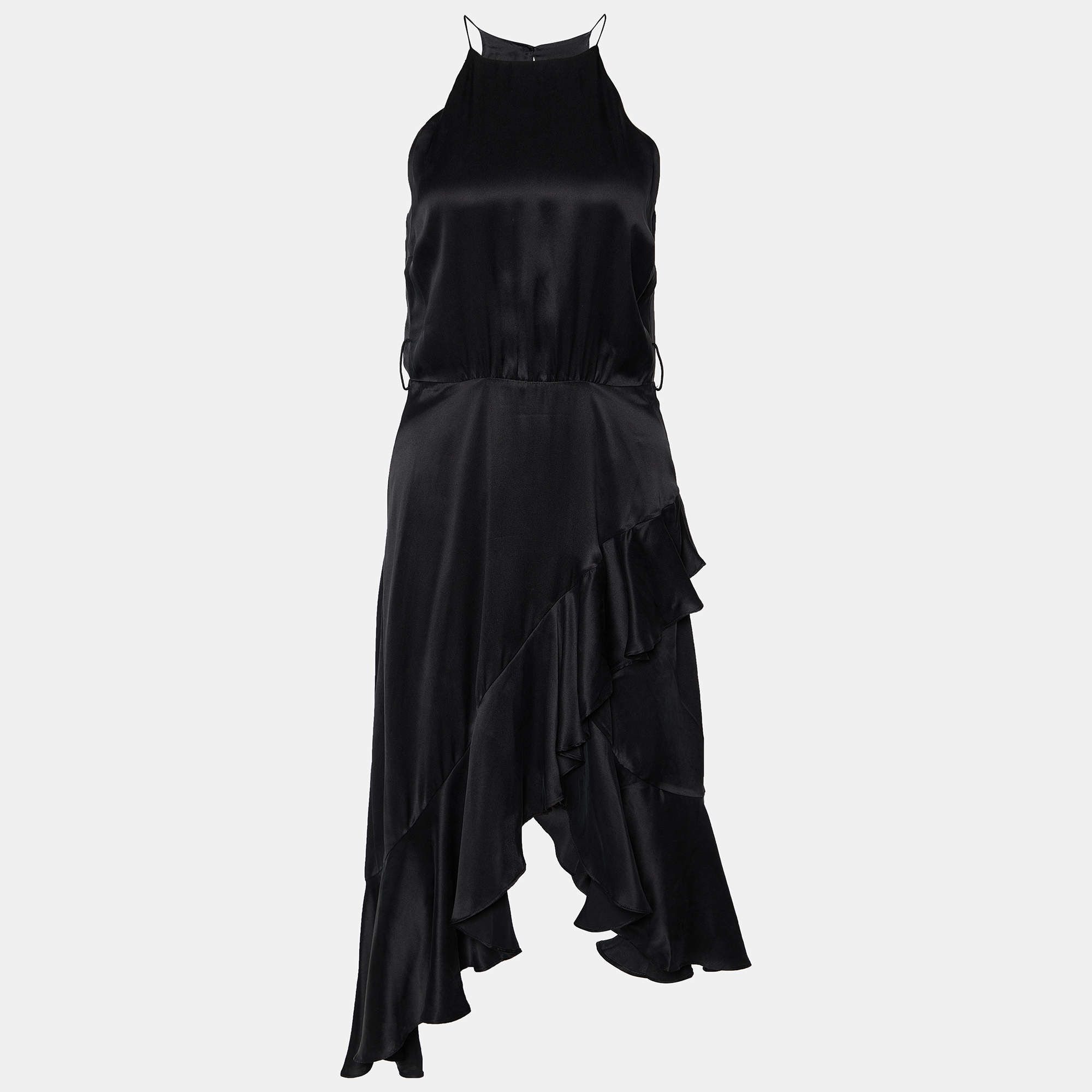 Zimmermann Black Silk Satin Ruffled Midi Dress XS