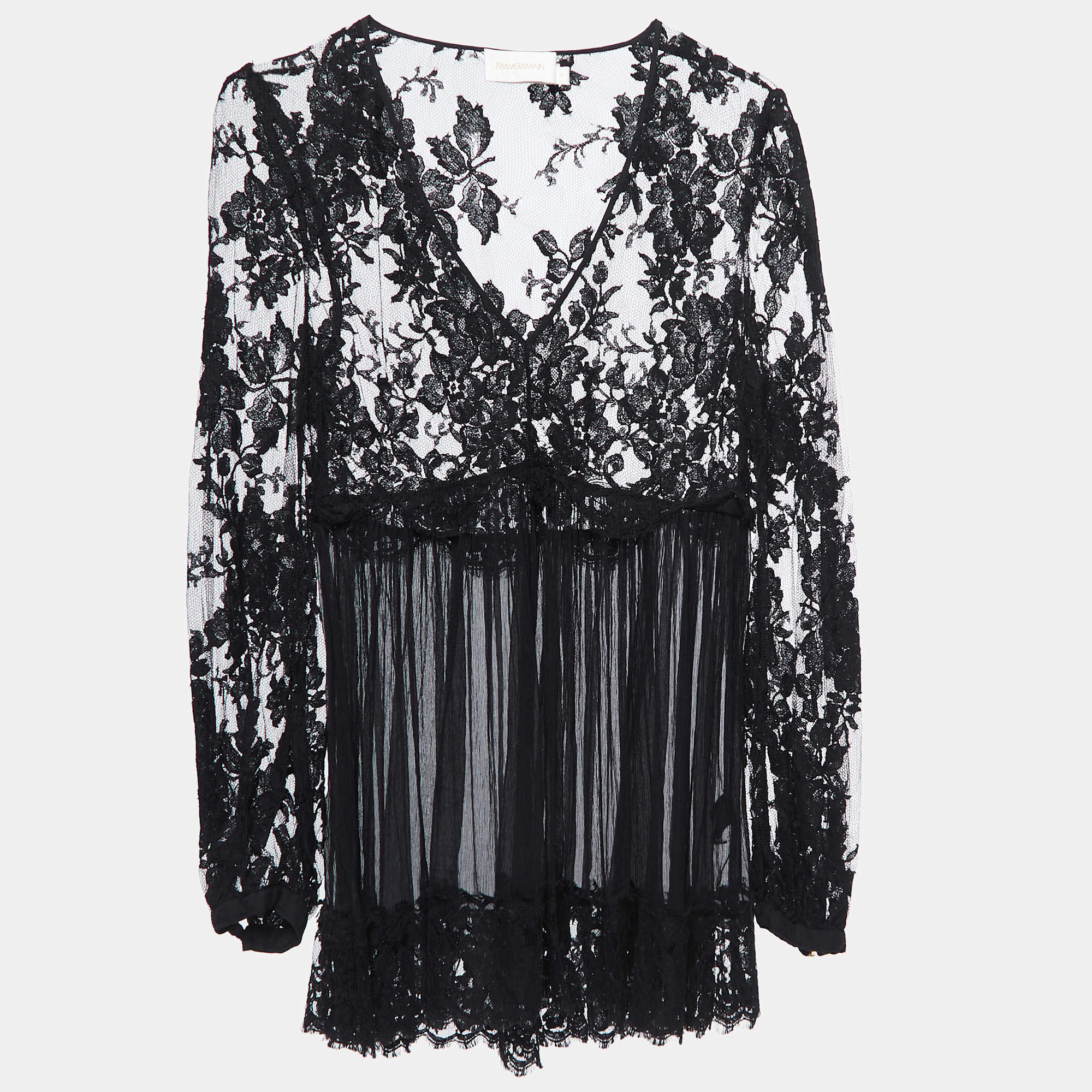 Zimmermann Black Silk Chiffon Lace Trimmed  Long Sleeve A-Line Blouse S