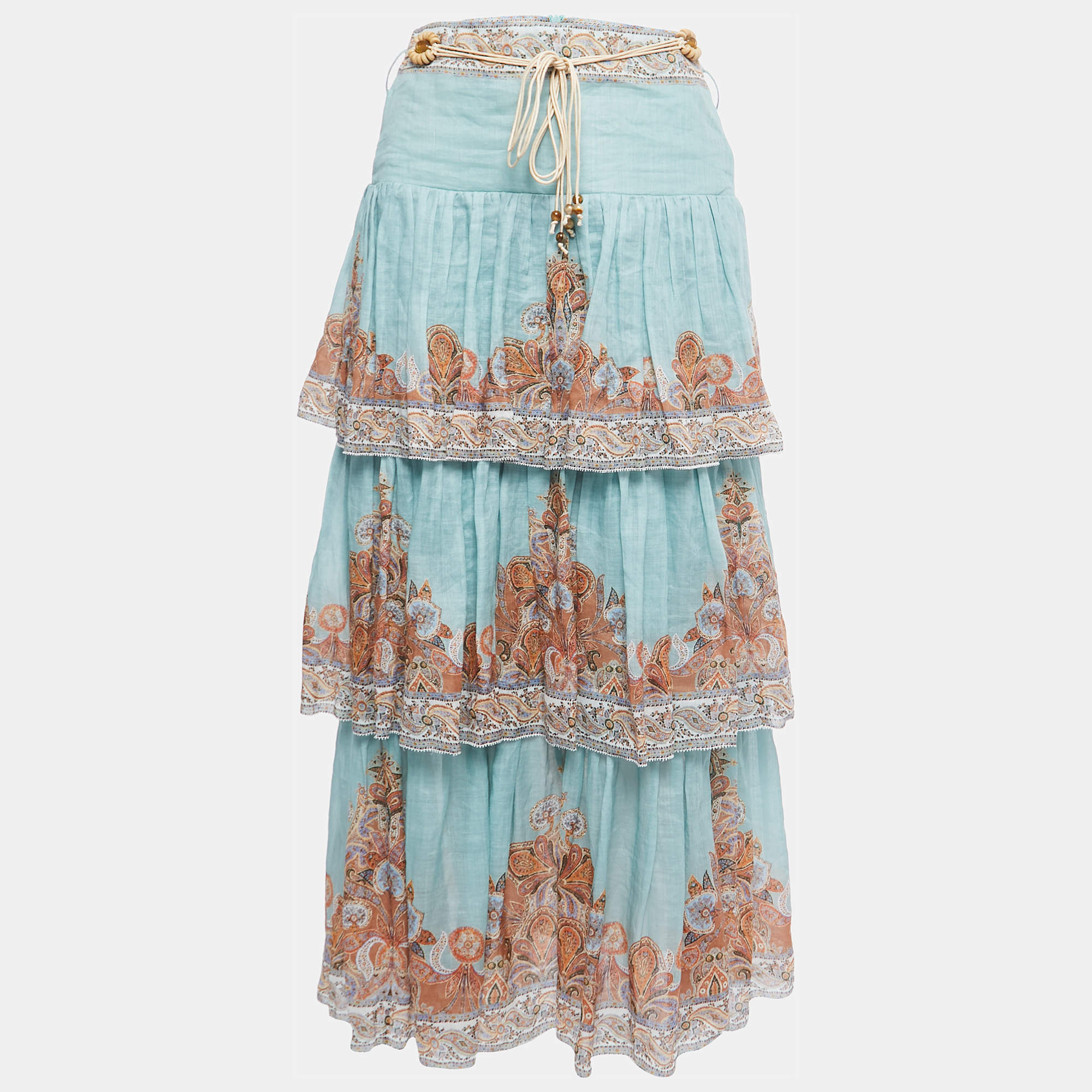 Pre Owned Zimmermann Blue Paisley Print Ramie Tiered Midi Skirt S