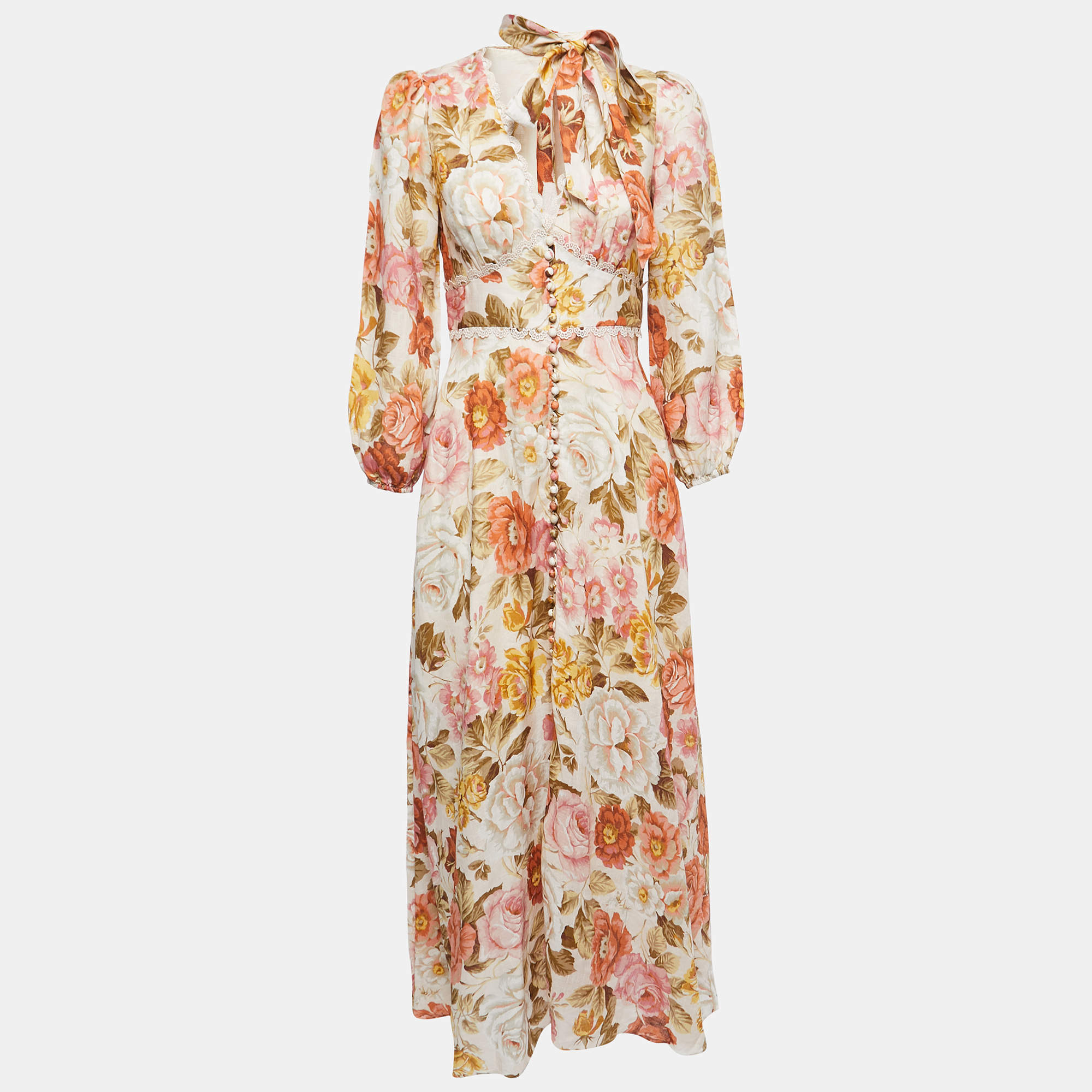 Pre Owned Zimmermann Multi Color Floral Print Button Front Full Sleeve Maxi Dress M