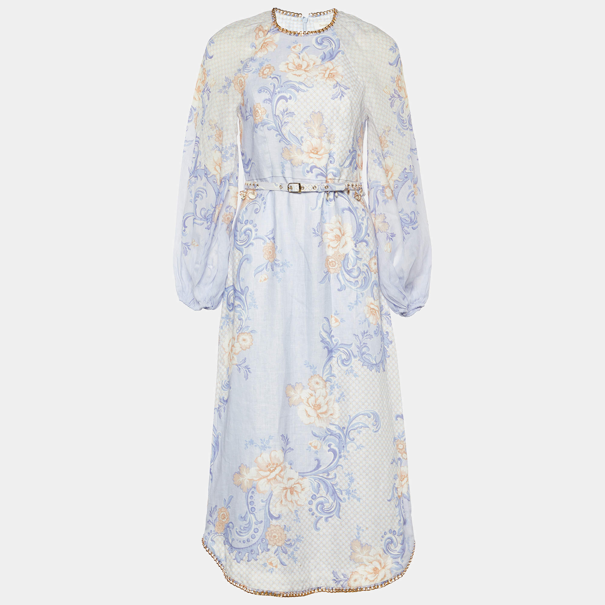 Pre Owned Zimmermann Light Blue Printed Linen Chain Detail Belted Postcard Midi Dress XS