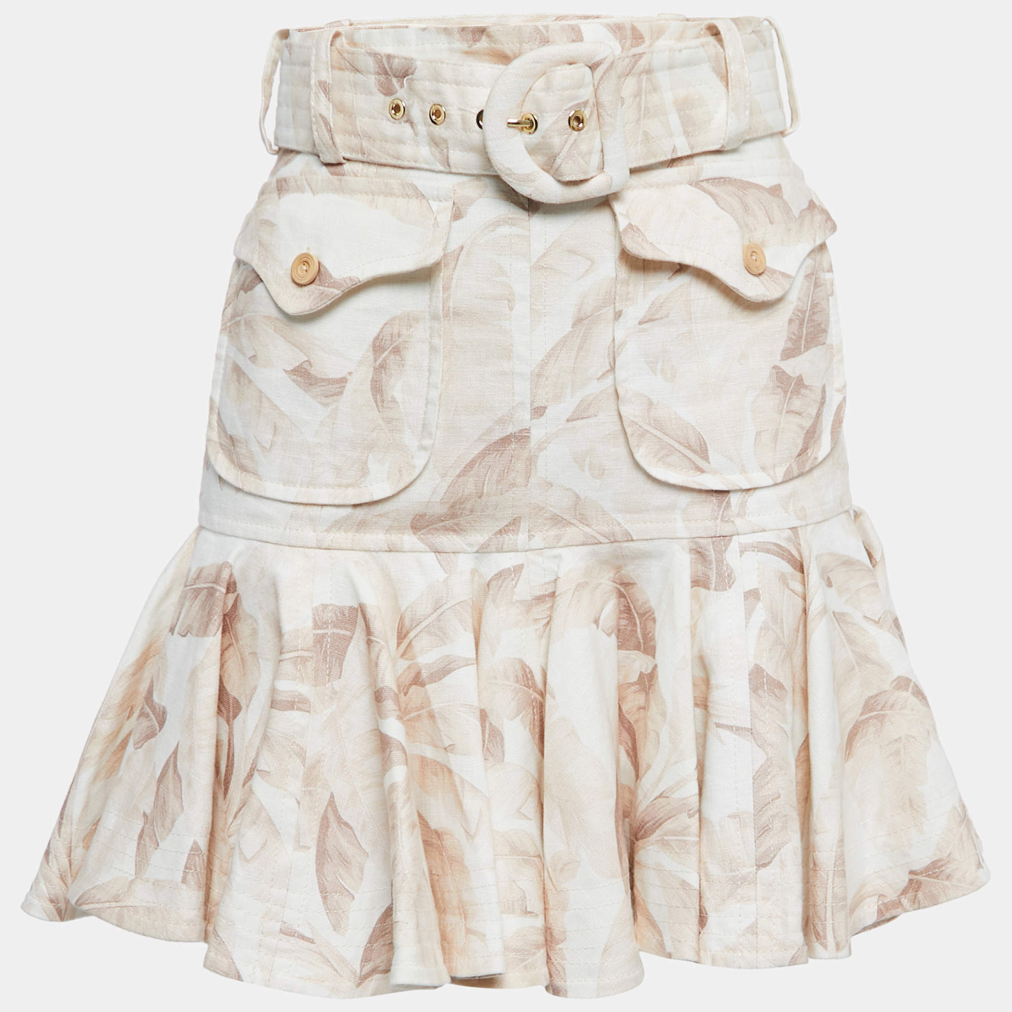 Zimmermann Beige Leaf Printed Linen Flared Mini Skirt S