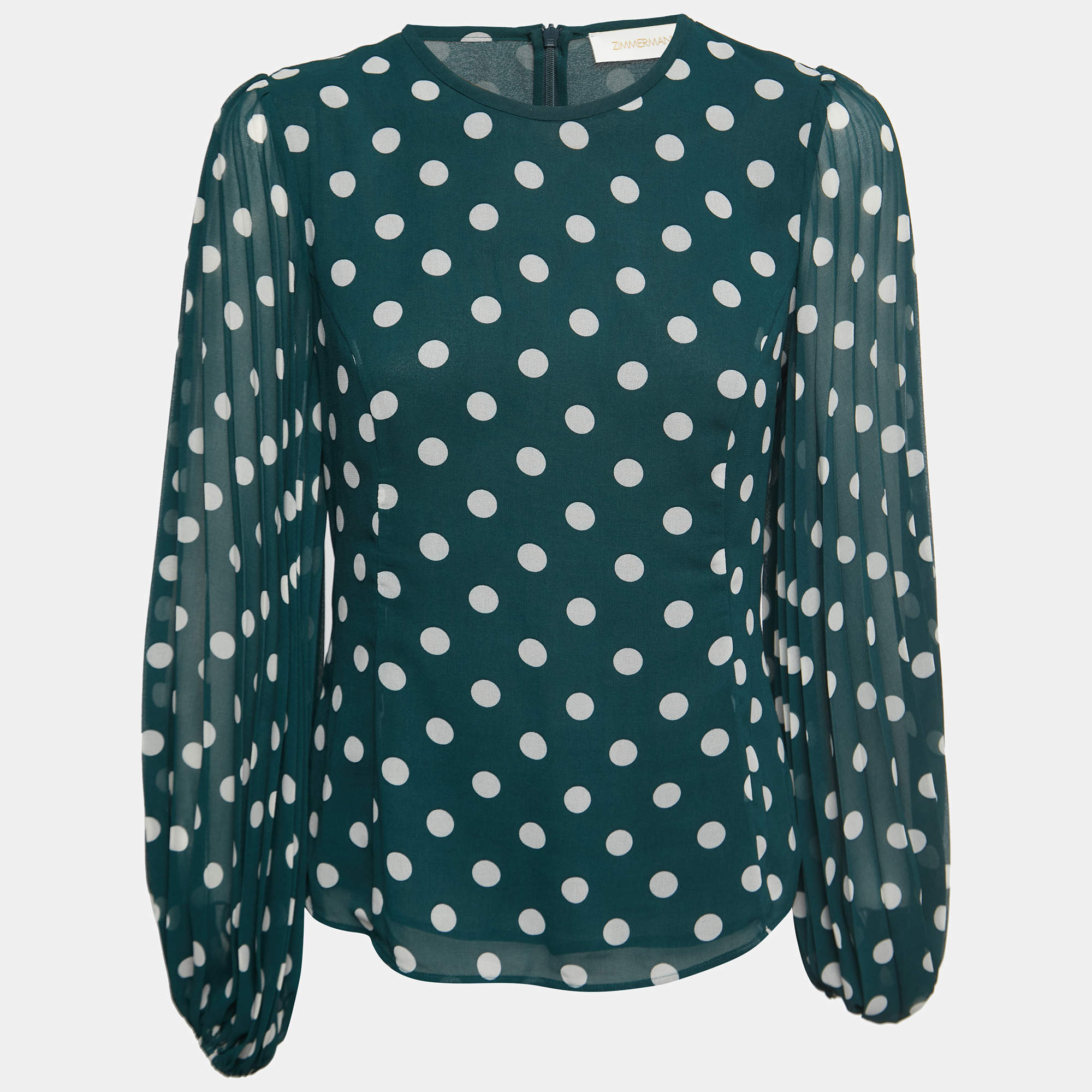 Pre Owned Zimmermann Green Polka-Dot Chiffon Pleated Sleeve Blouse M