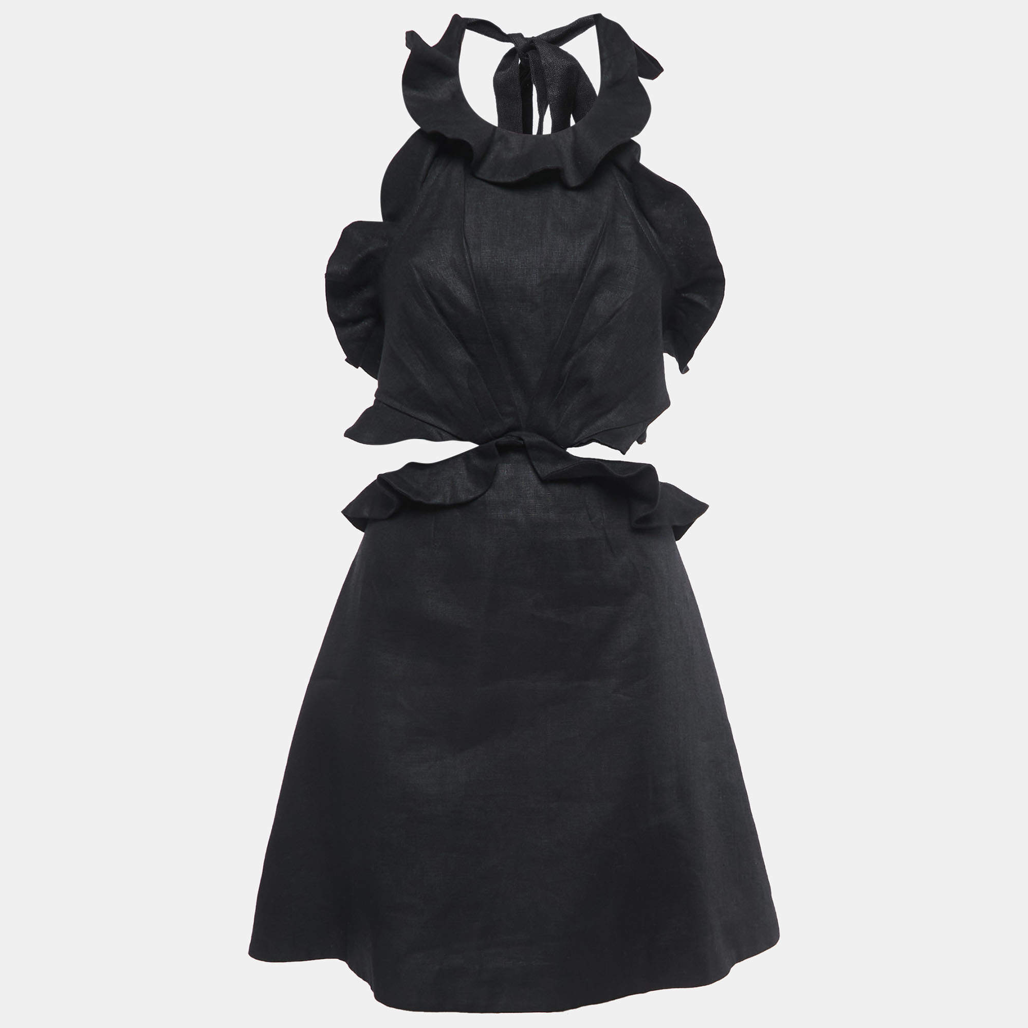 Pre Owned Zimmermann Black Linen Ruffled Tie-Back Mini Dress M