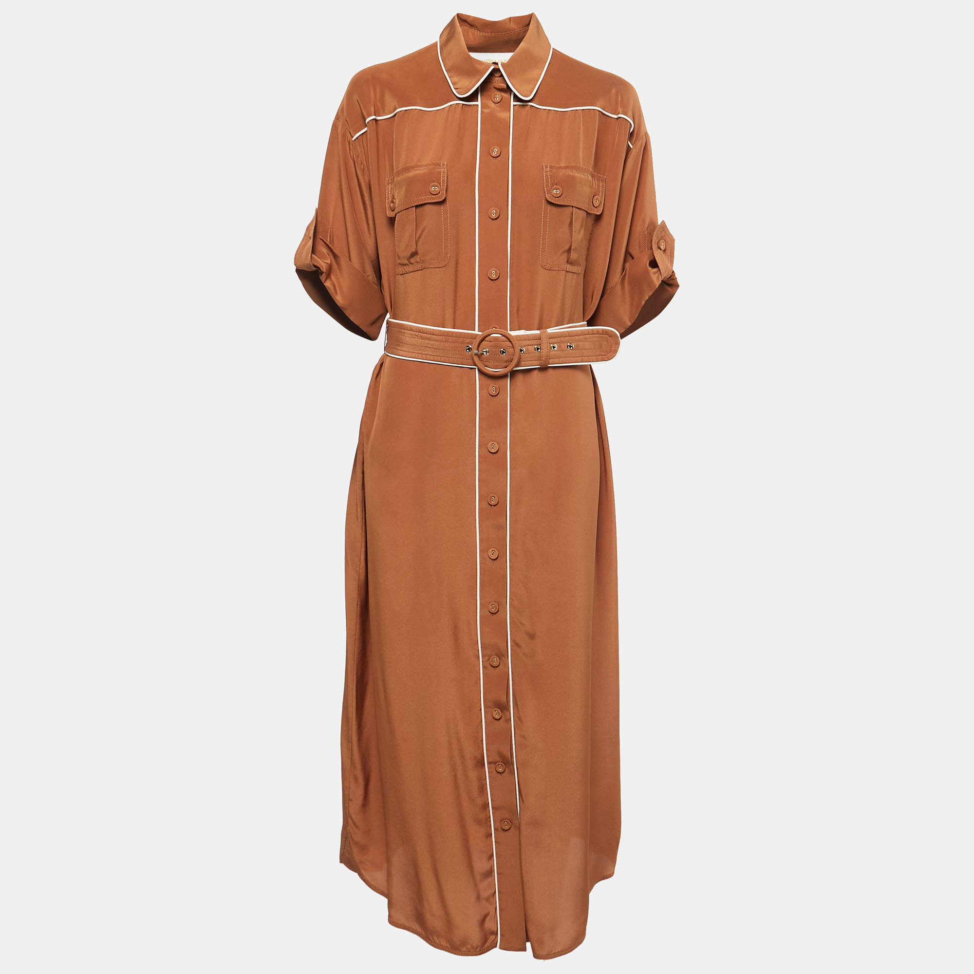 Pre Owned Zimmermann Brown Silk Belted Midi Shirt Dress L