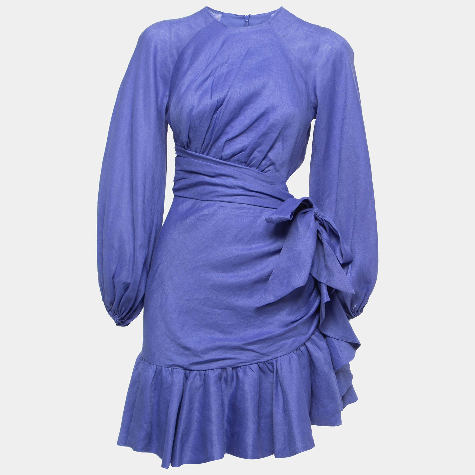 Pre Owned Zimmermann Purple Linen Cutout Detail Ruffled Dress M