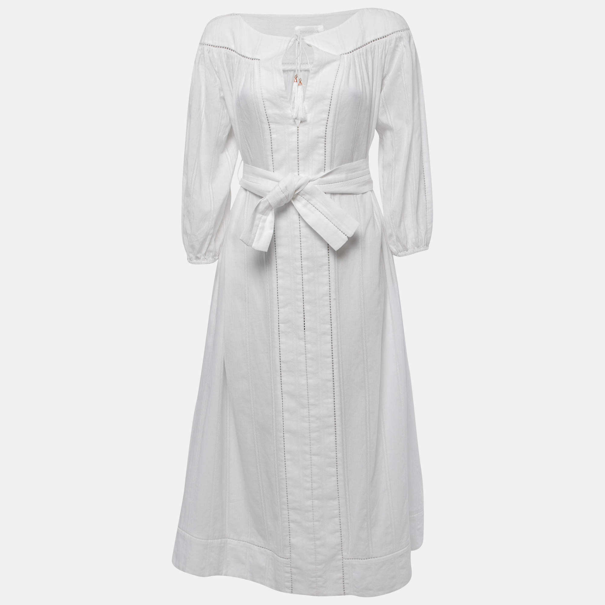 Pre Owned Zimmermann White Cotton Belted Tunic Maxi Dress S