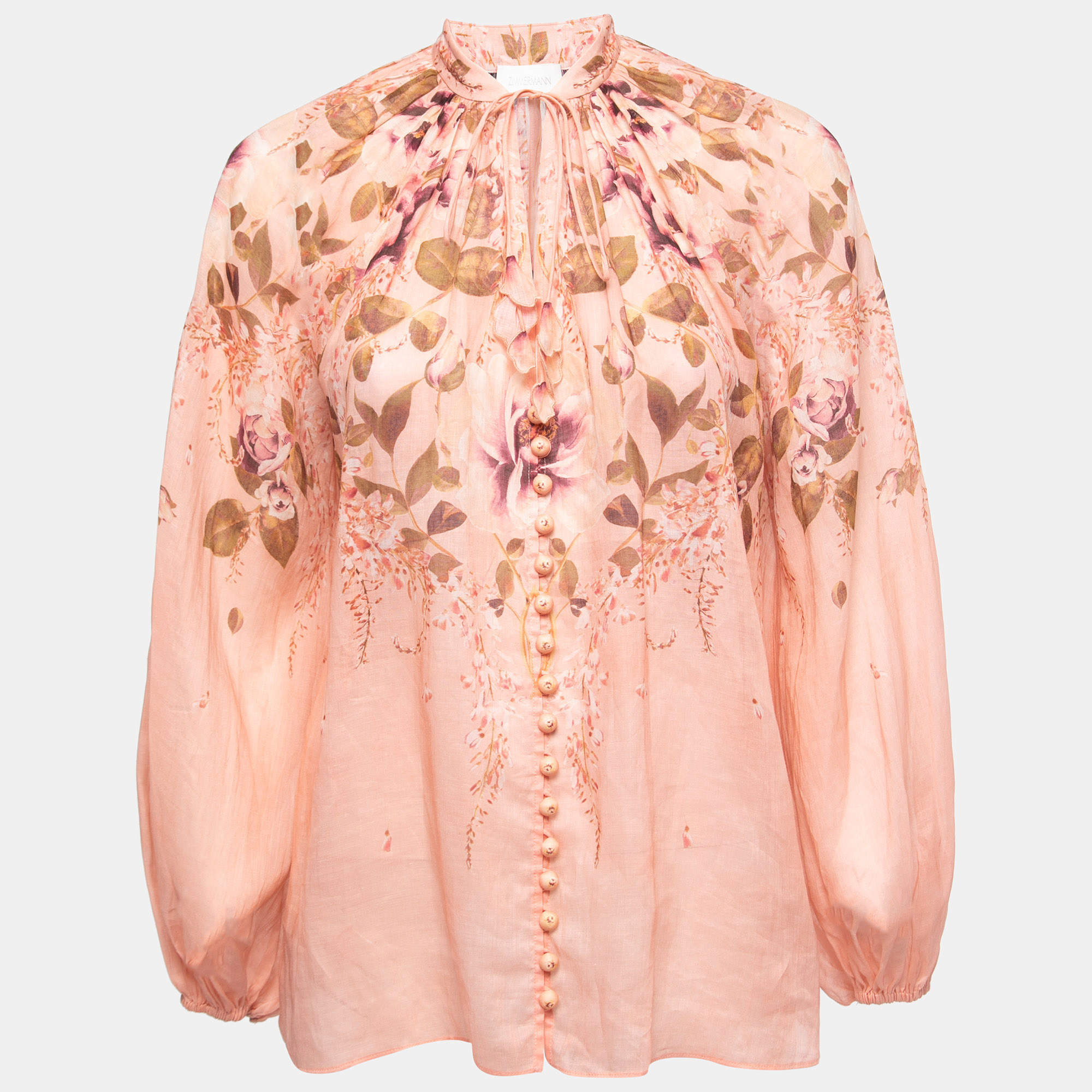 Pre Owned Zimmermann Pink Floral Printed Ramie Blouse S
