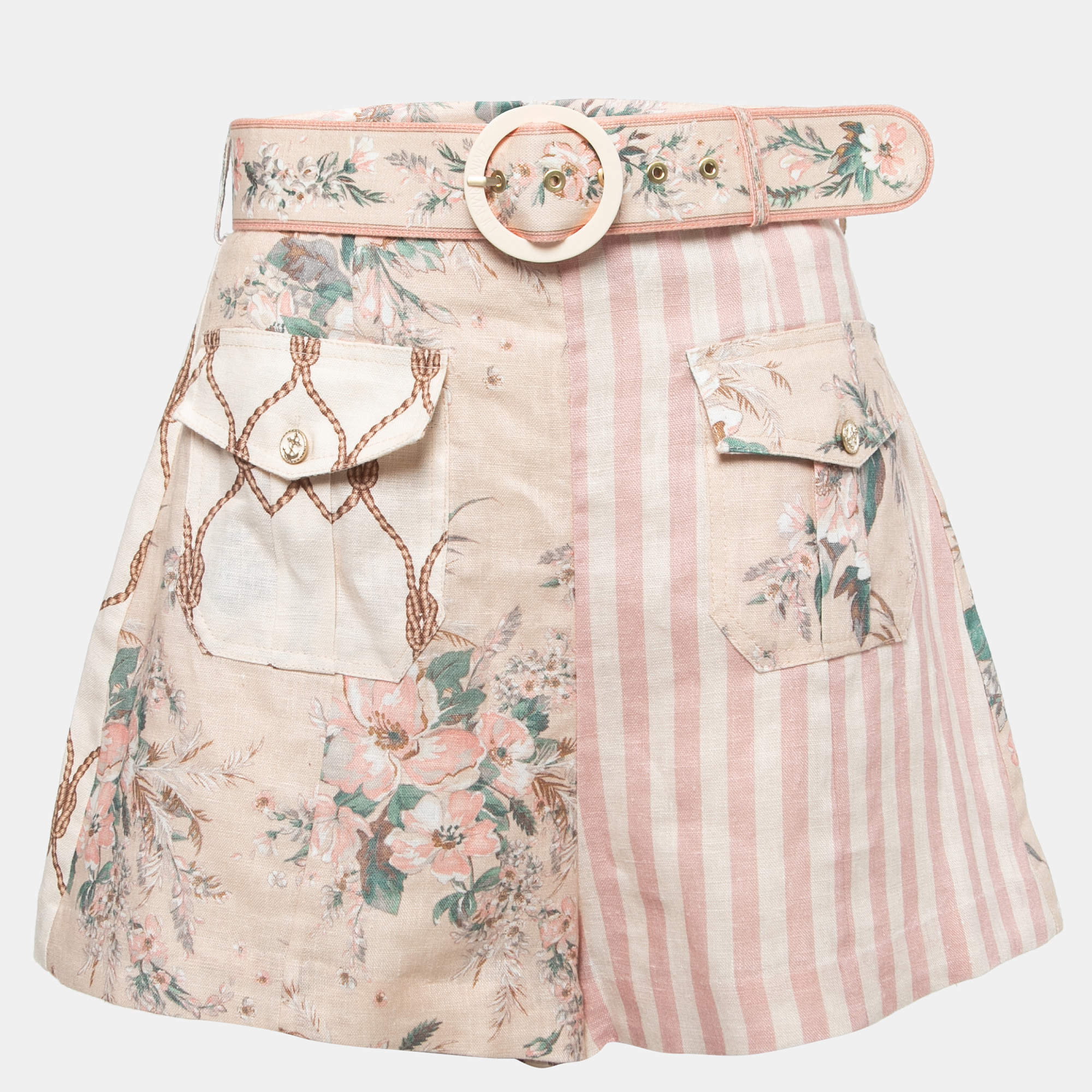 Zimmermann Light Pink Mixed Print Linen Belted Shorts M