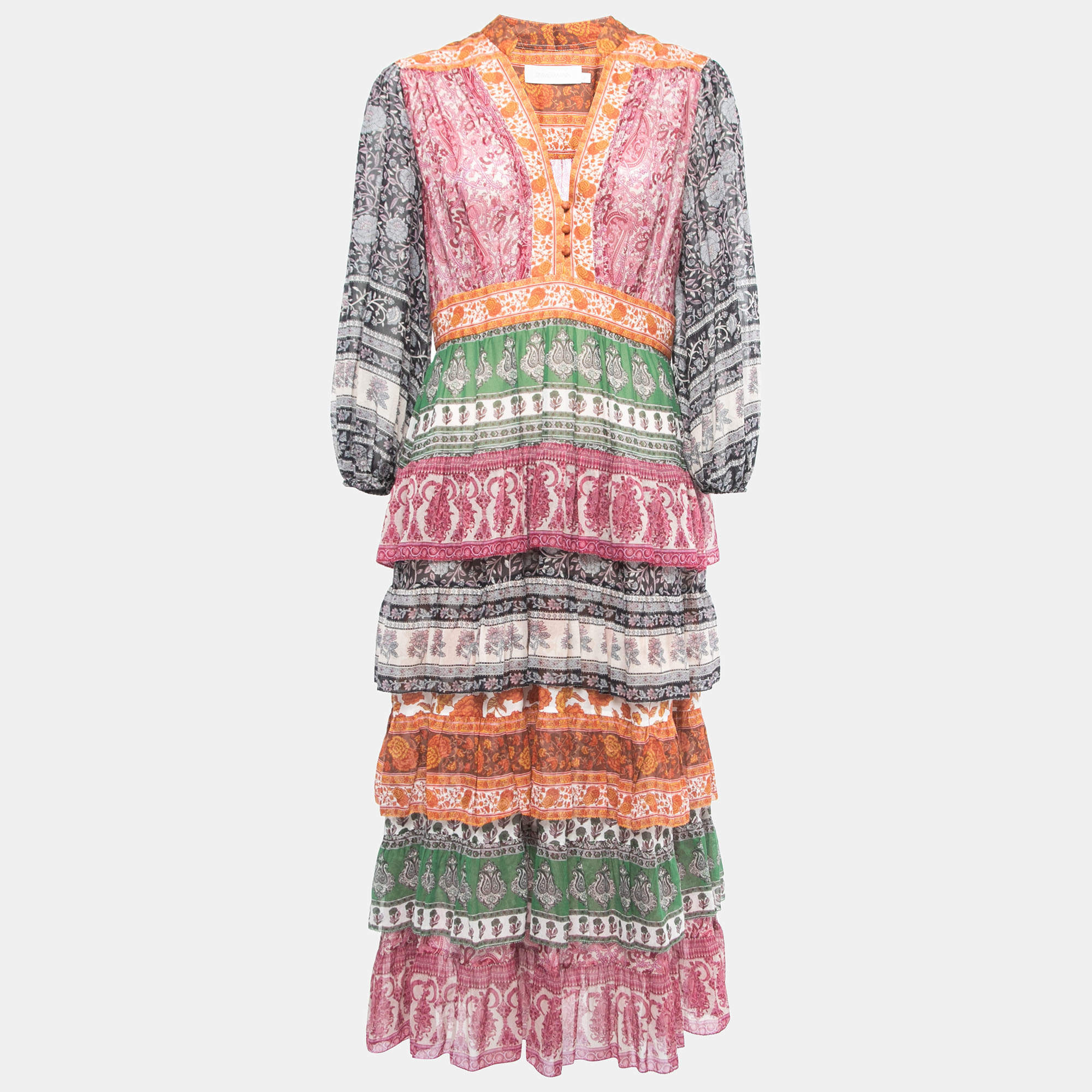 Zimmermann Multicolor Paisley Cotton Blend Tiered Maxi Dress L