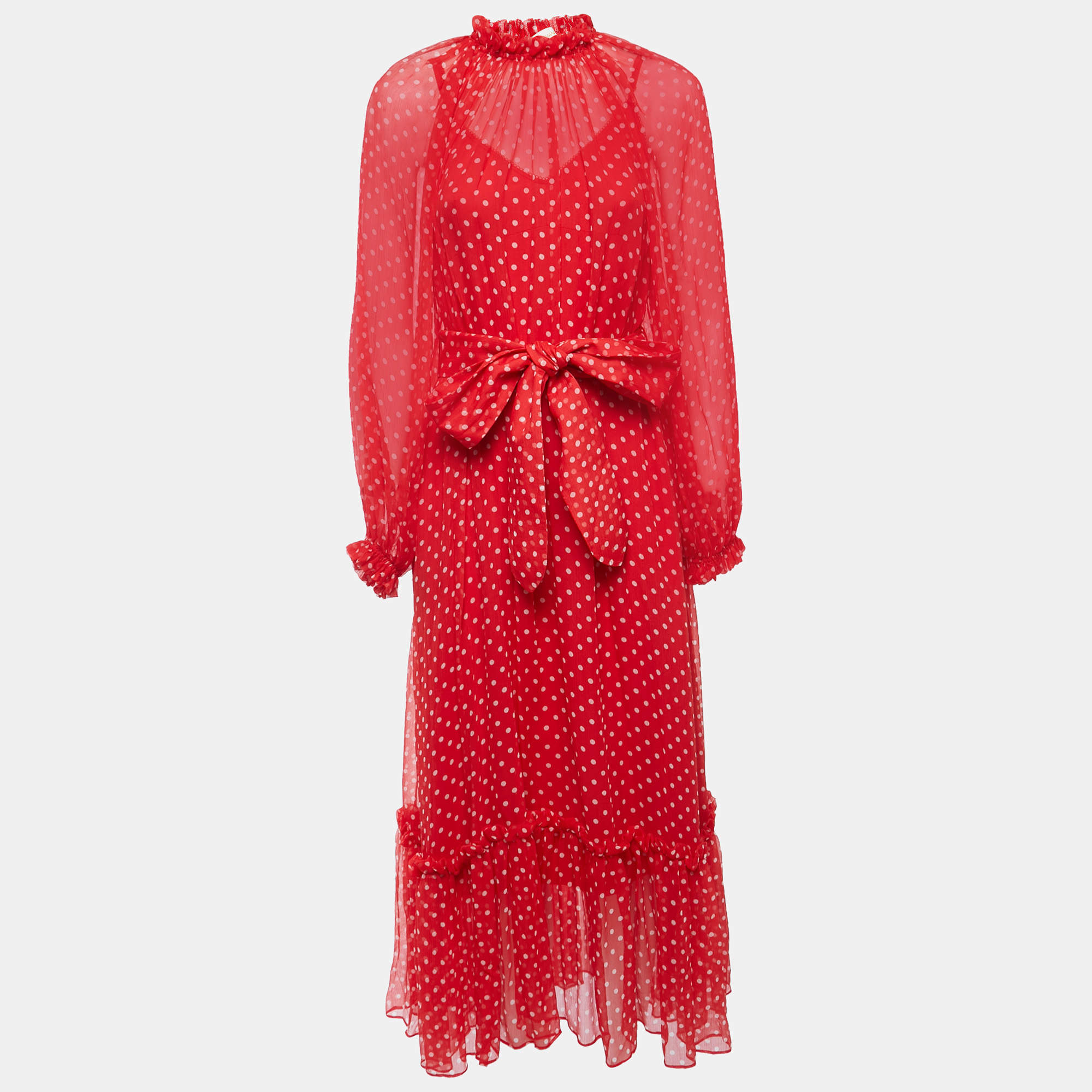 Pre Owned Zimmermann Red Polka Dotted Silk Chiffon Full Sleeve Midi Dress M