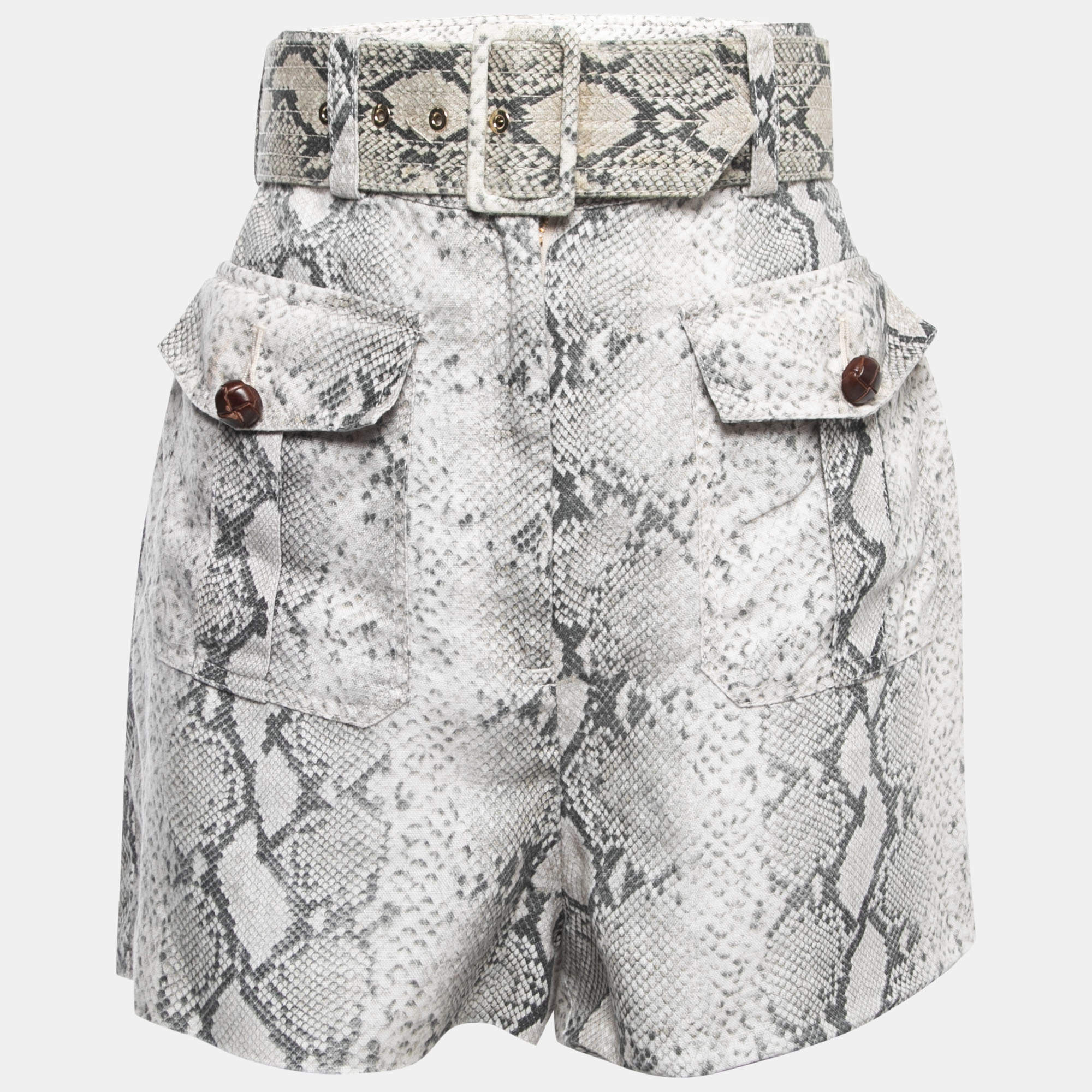 Zimmermann Grey/White Snake Printed Linen Belted High Waist Shorts M