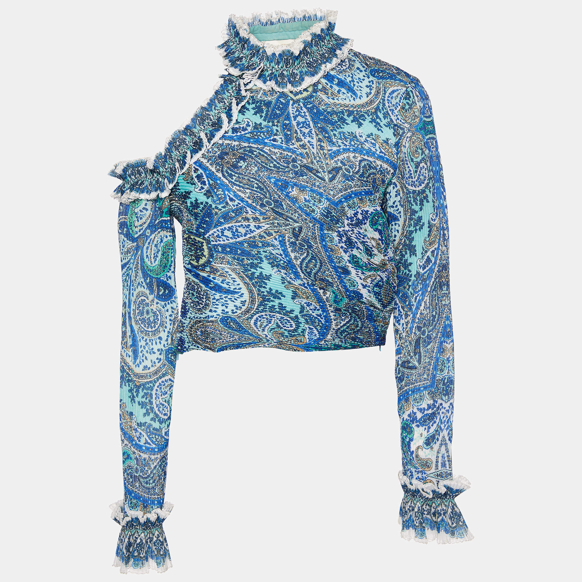 Pre Owned Zimmermann Blue Plisse Moncur Ruffle Neck Crop Top M