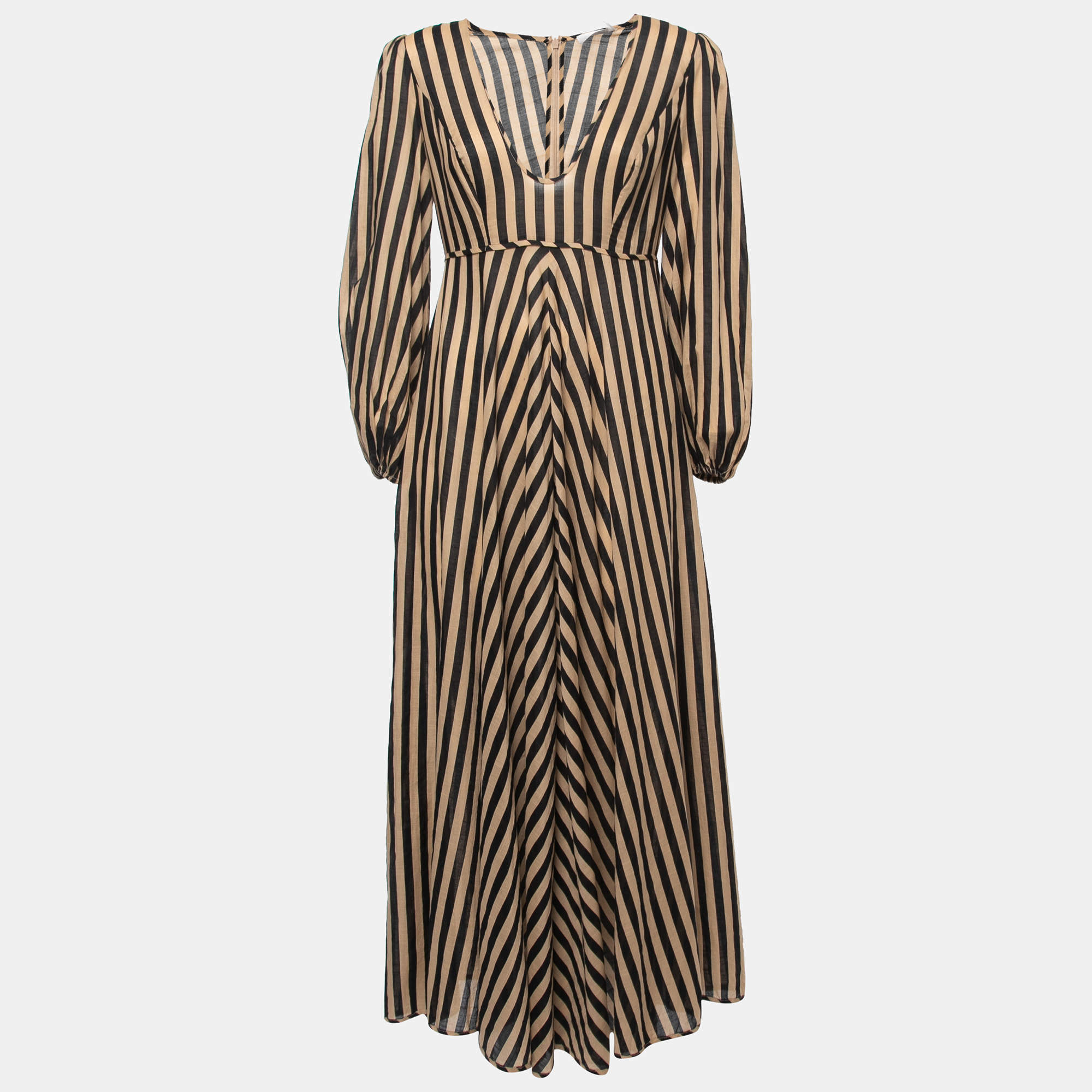 Pre Owned Zimmermann Brown/Black Striped Cotton Plunge Neck Maxi Dress M