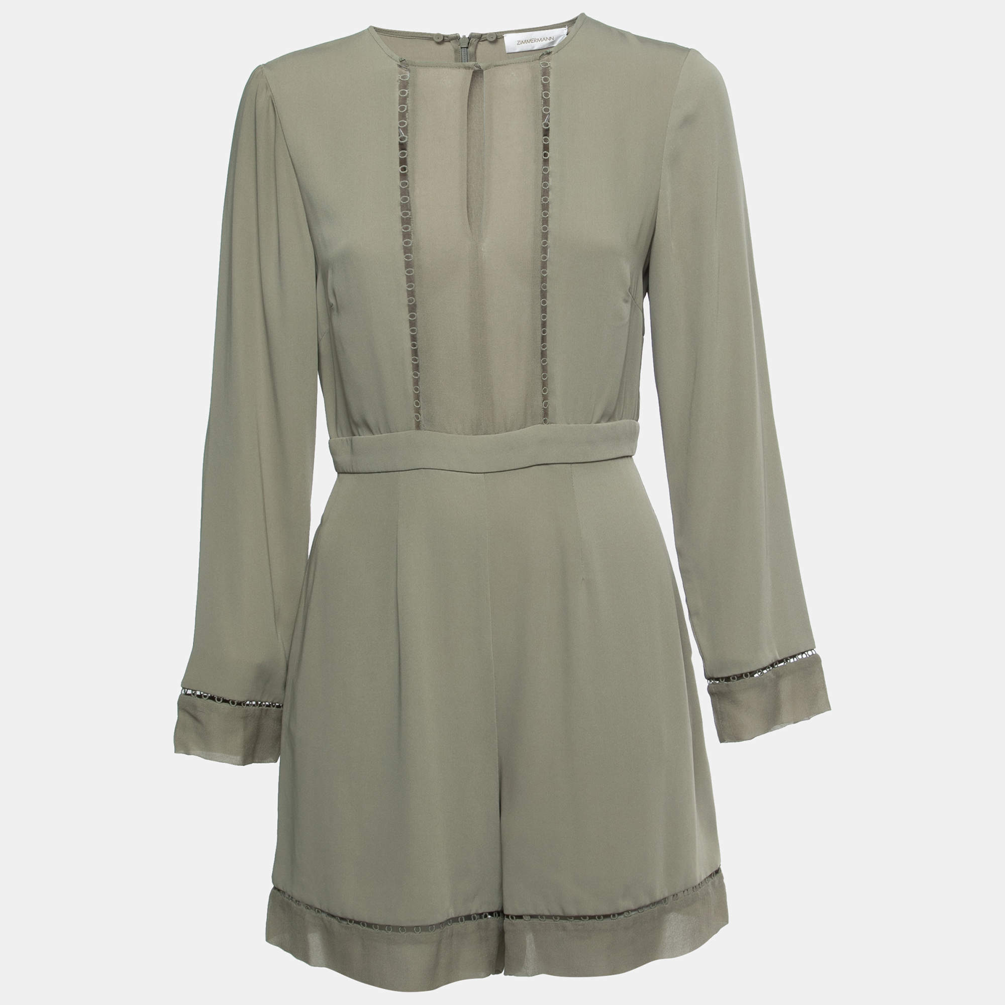 Pre Owned Zimmermann Olive Green Crepe Chiffon Trimmed Long Sleeve Playsuit M