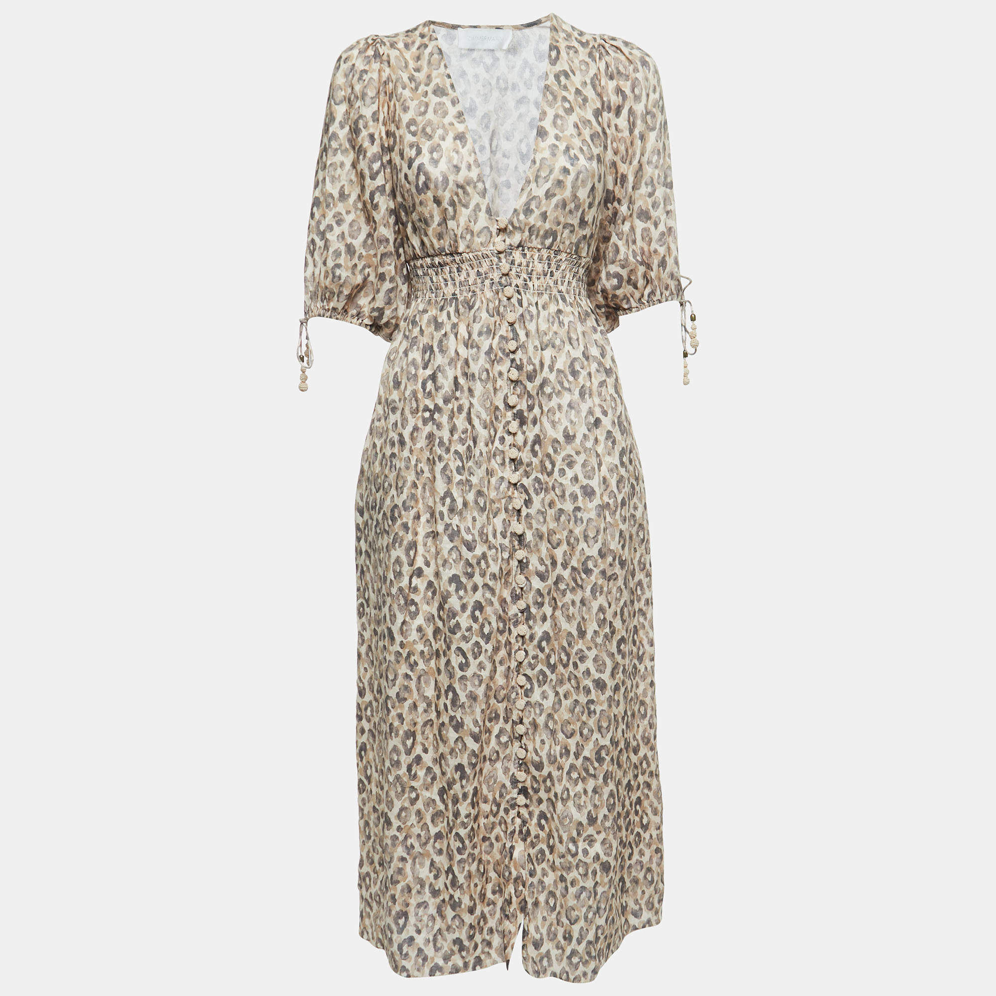 Zimmermann Beige Print Linen Button Front Midi Dress S
