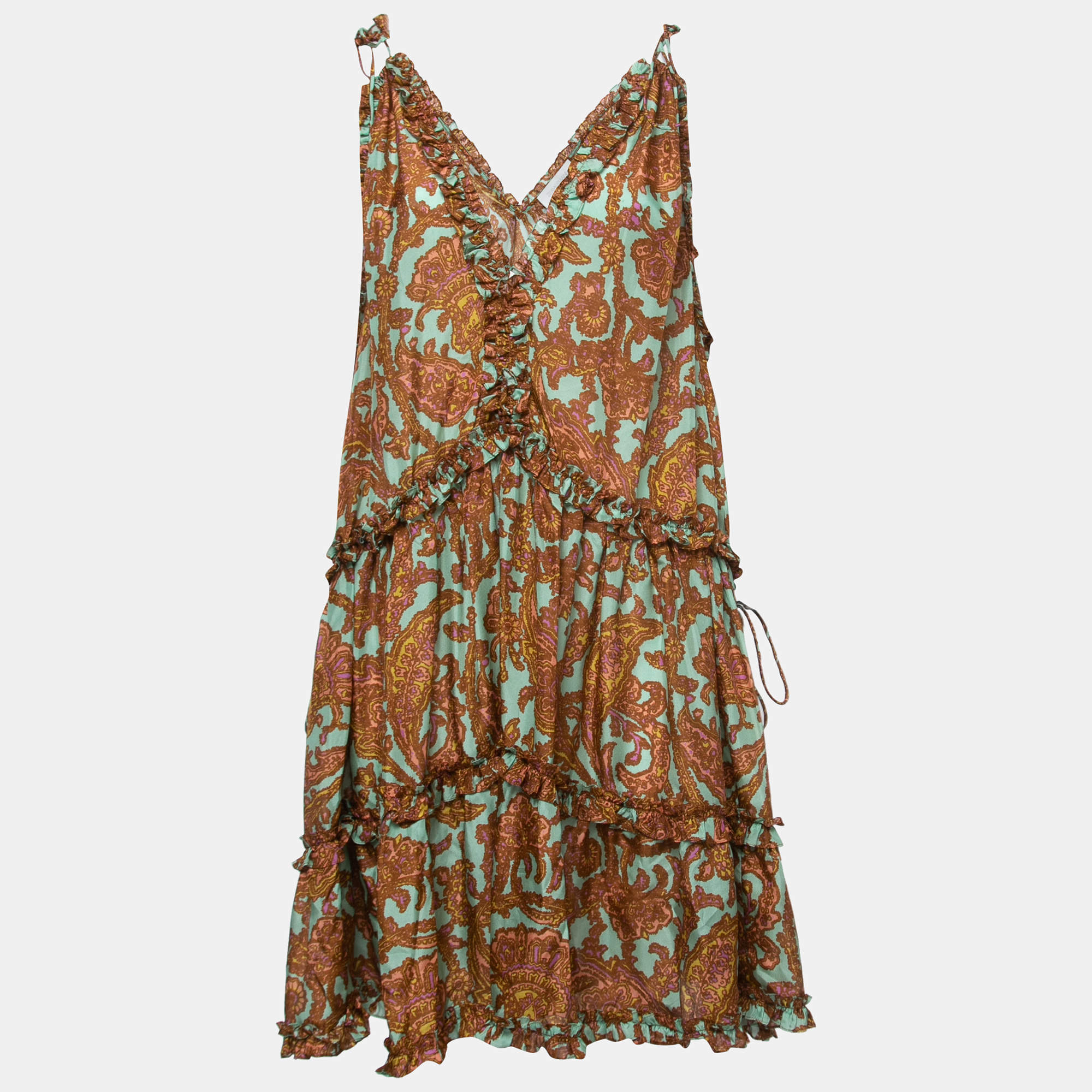 Pre Owned Zimmermann Brown All-Over Print Silk Sleeveless Ruffled Mini Dress L