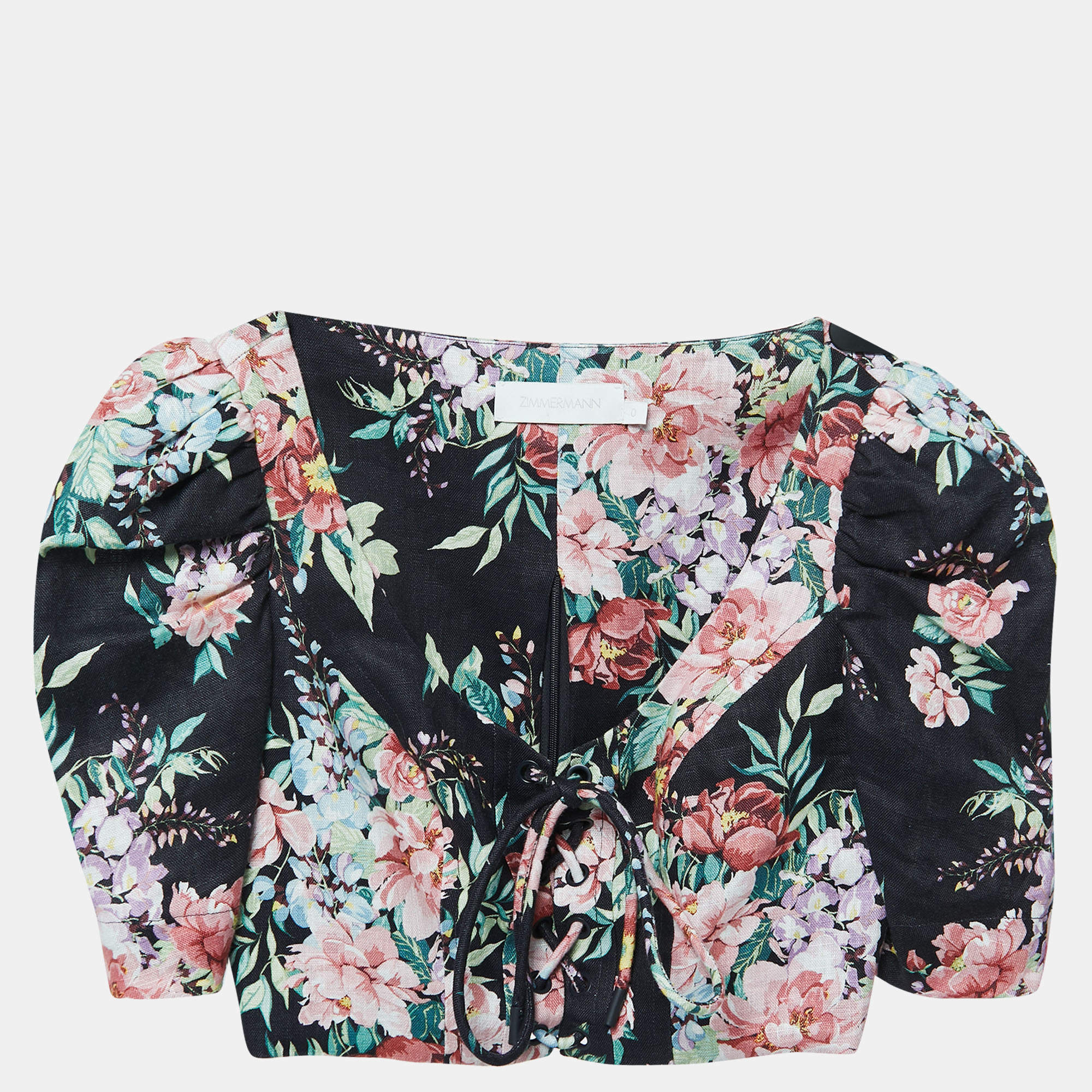 Pre Owned Zimmermann Black Floral Printed Linen Lace-Up Crop Top S