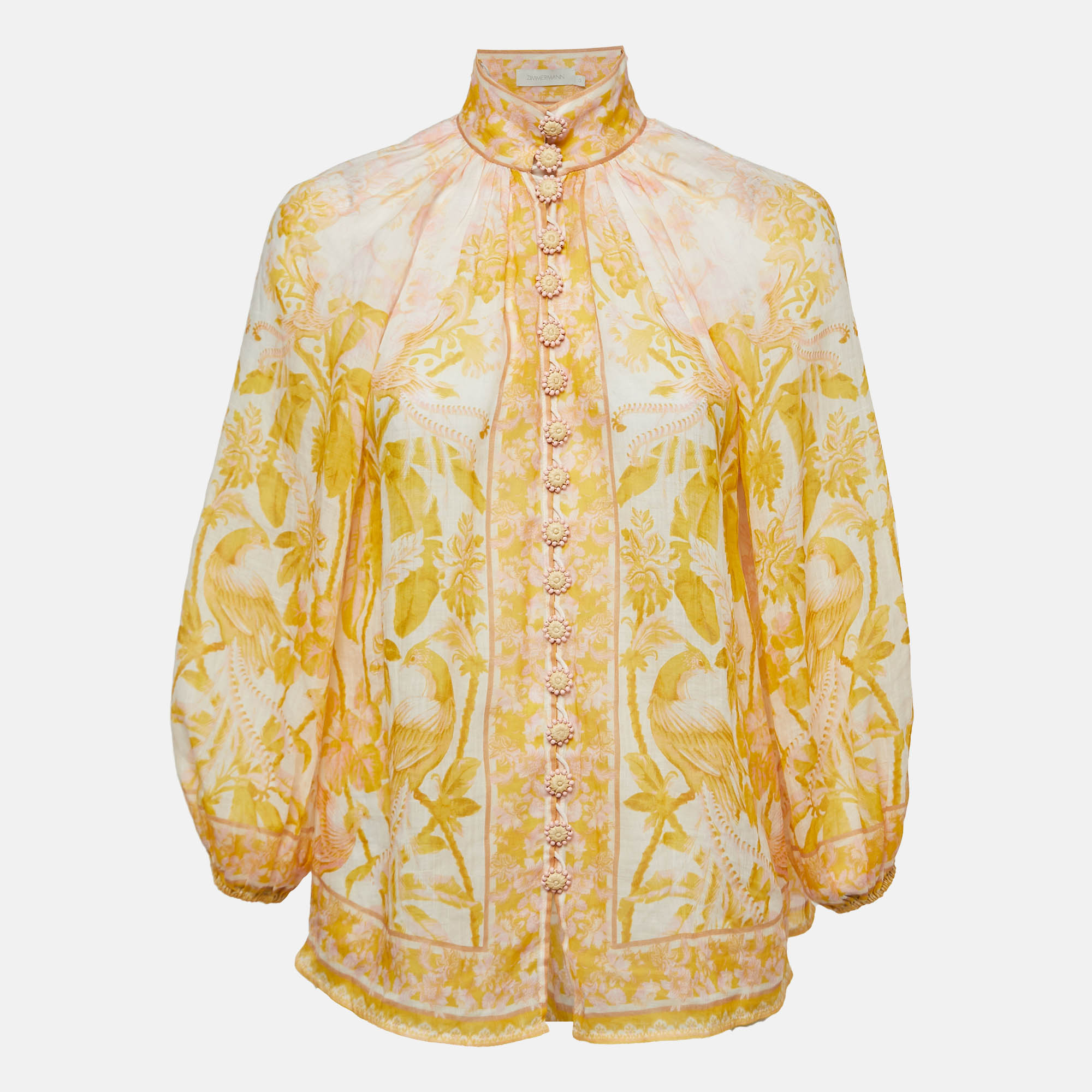 Pre Owned Zimmermann Yellow Floral Print Ramie Buttoned Long Sleeve Blouse S