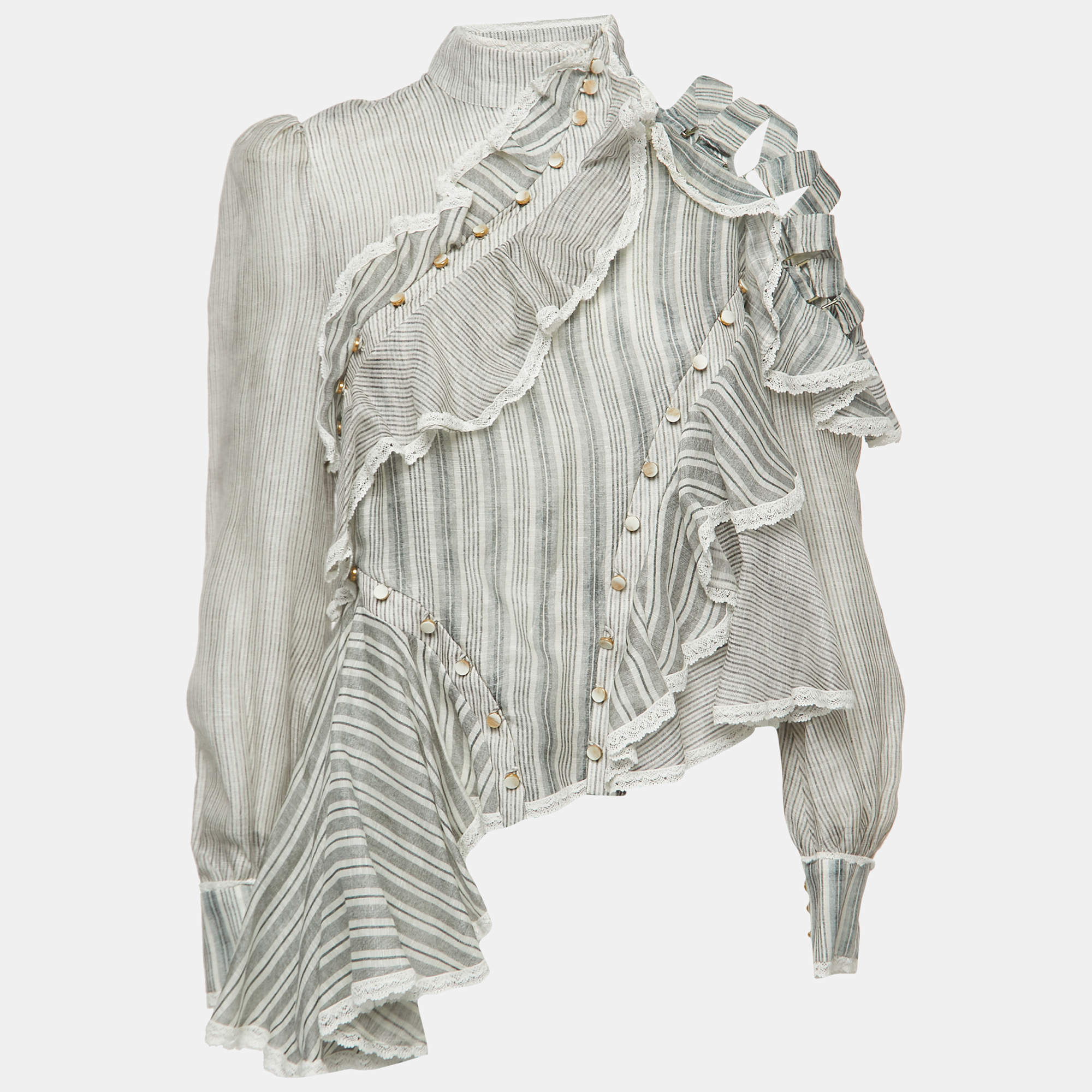 Pre Owned Zimmermann White Striped Silk Blend Ruffled Long Sleeve Blouse M