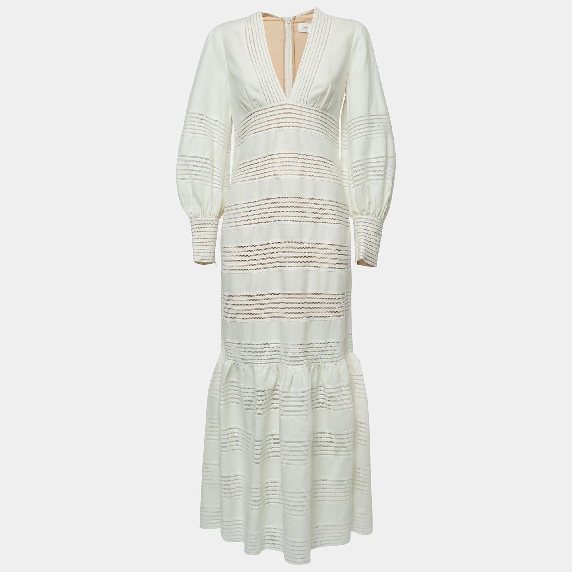 Zimmermann White Linen Blouson Sleeve Maxi Dress L