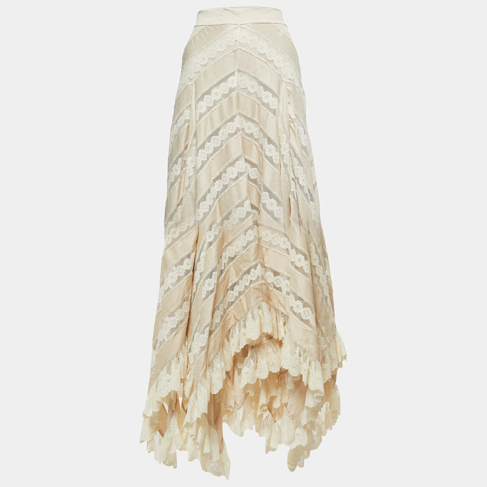 Pre Owned Zimmermann Cream Satin Lace Trimmed Maxi Skirt L