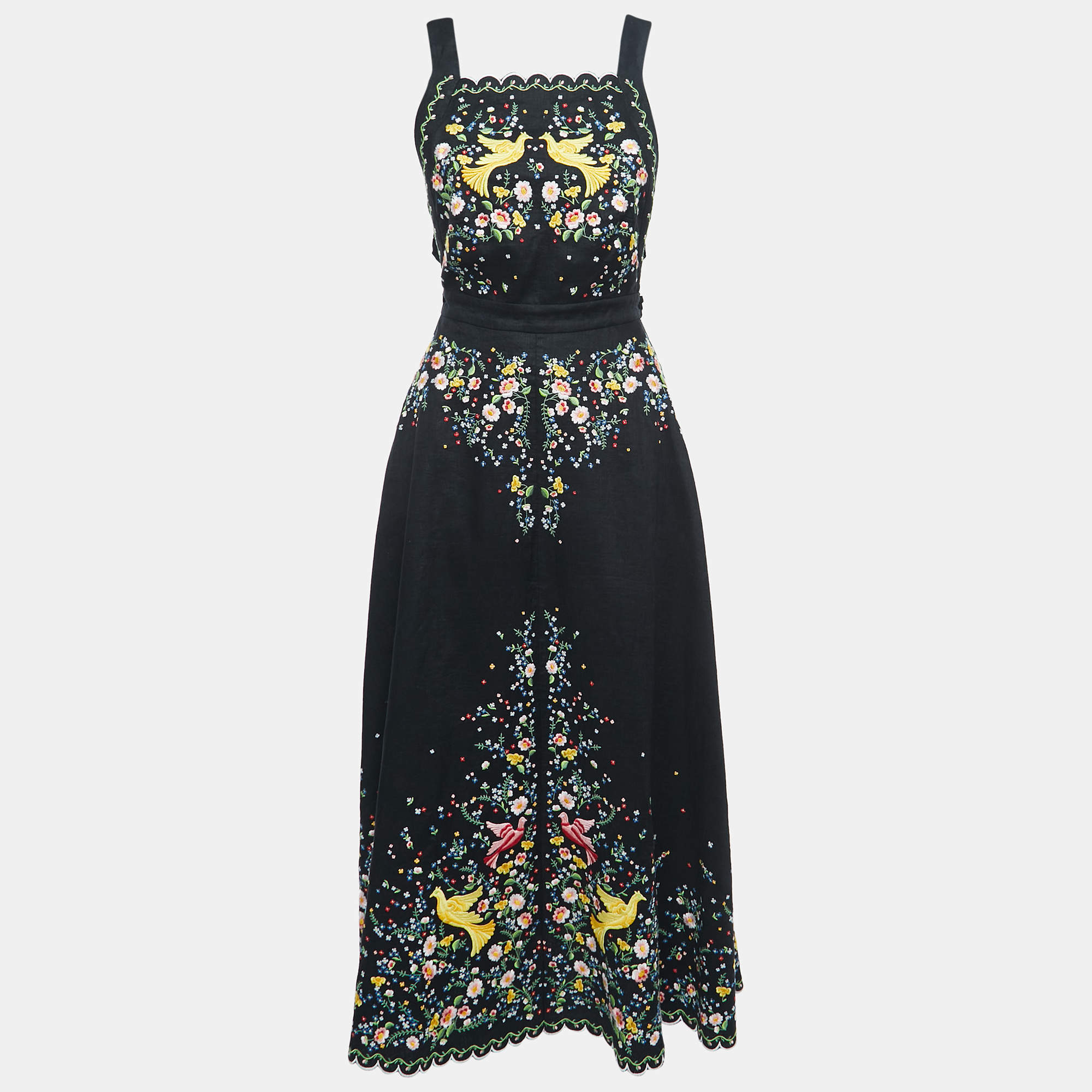 Zimmermann Black Floral Embroidered Linen Open-Back Midi Dress S 