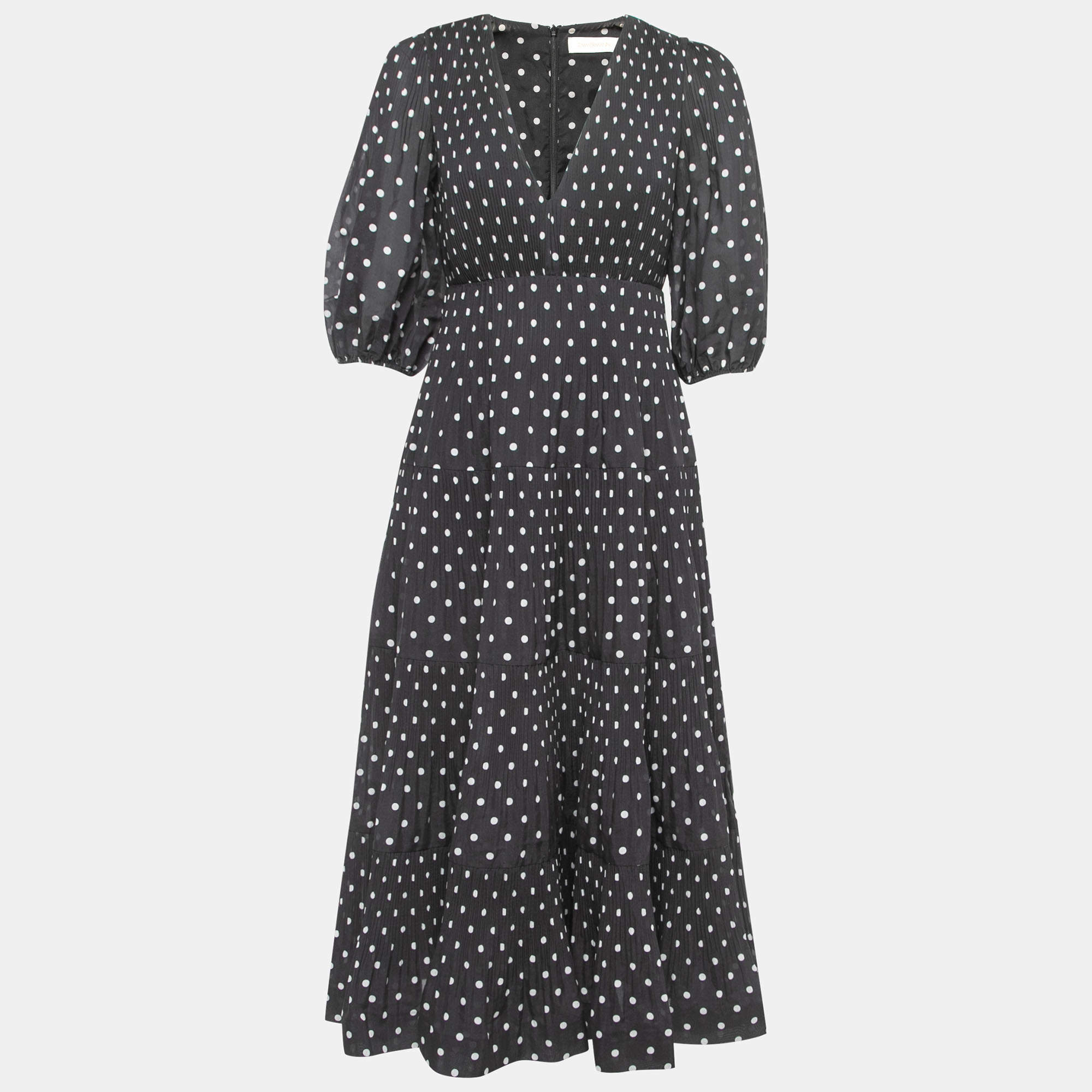 Pre Owned Zimmermann Black Polka Dot Print Pleated Synthetic Puff Sleeve Midi Dress M