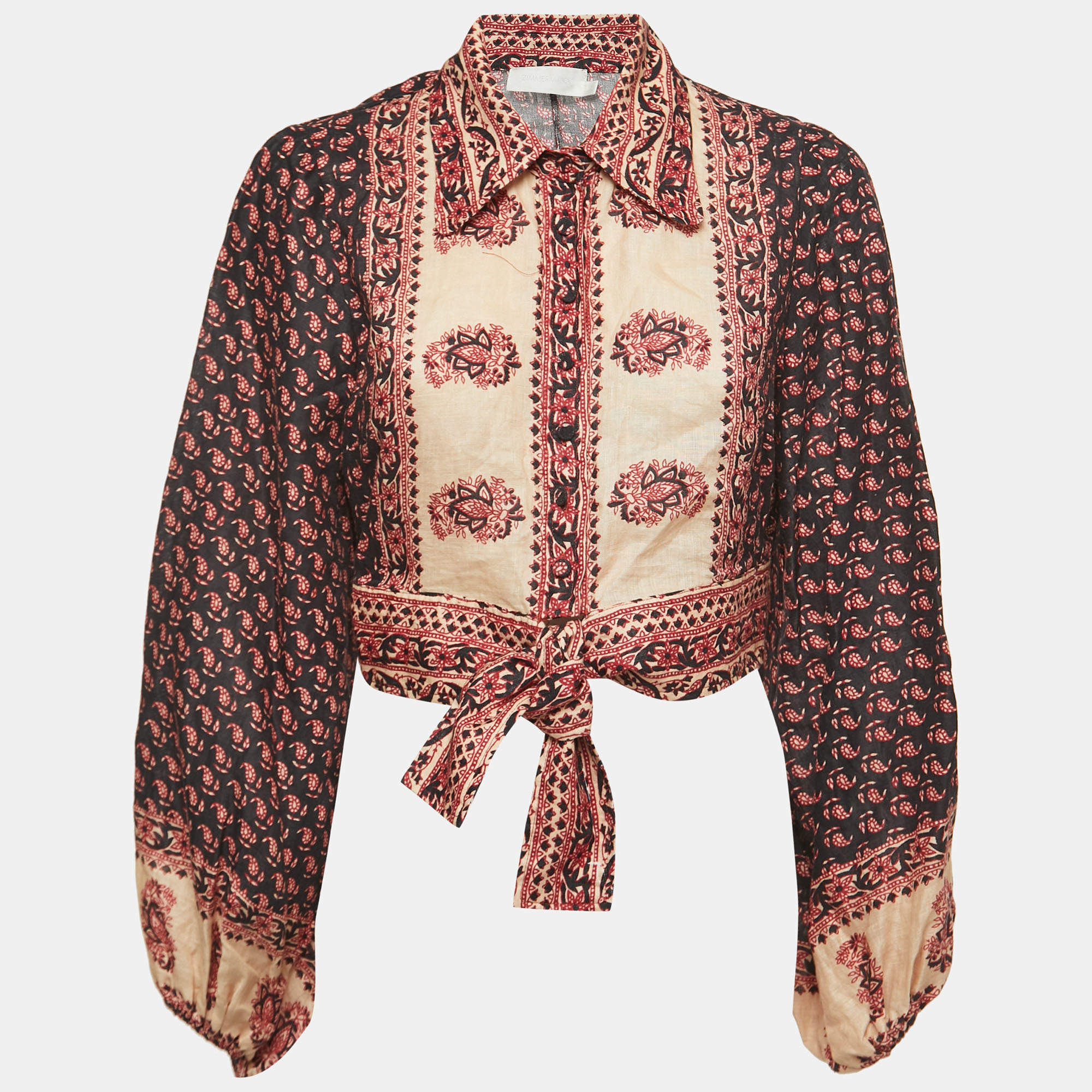Zimmermann Black Printed Linen Jaya Tie-front Blouse M
