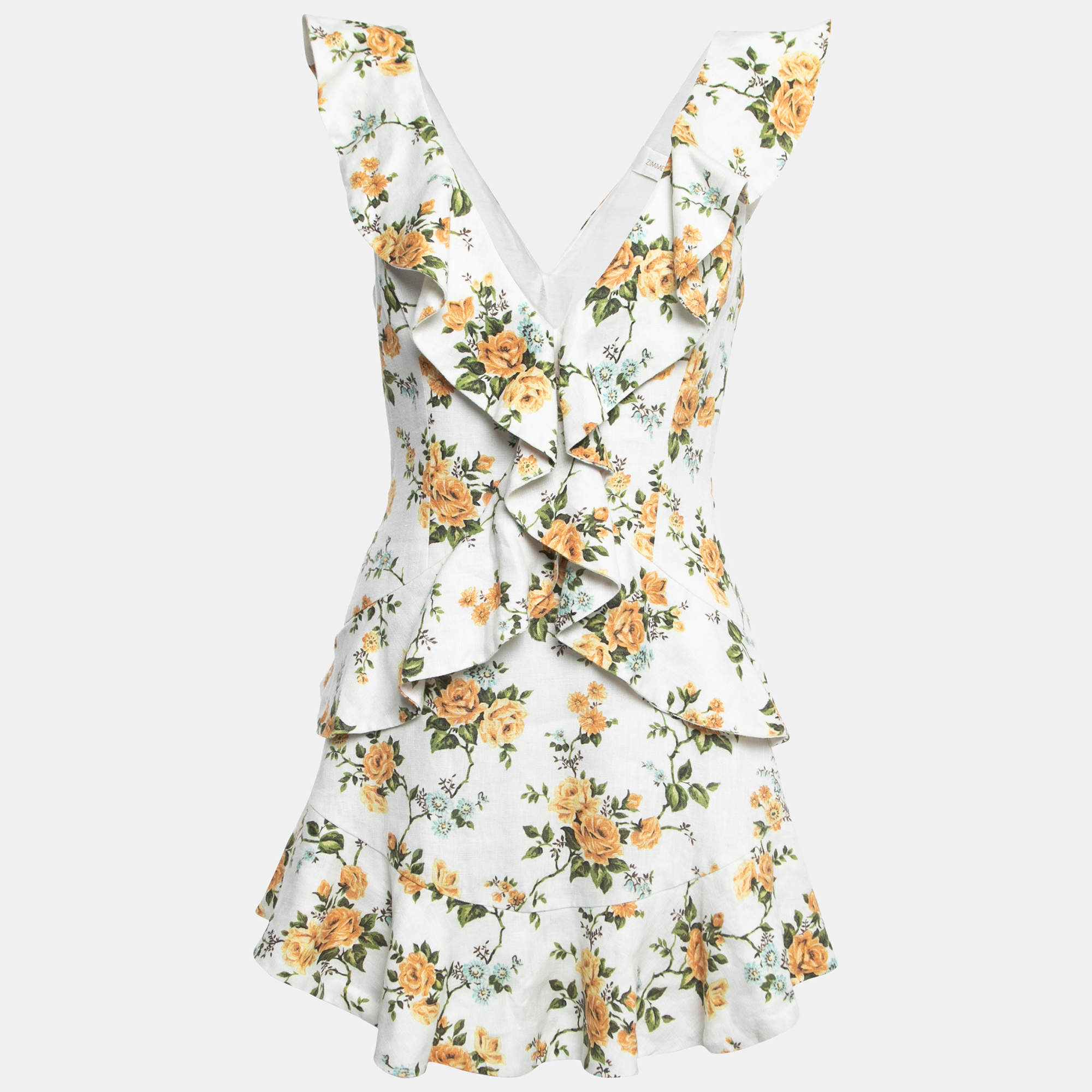 Pre Owned Zimmermann White Floral Print Linen Flutter Mini Dress M