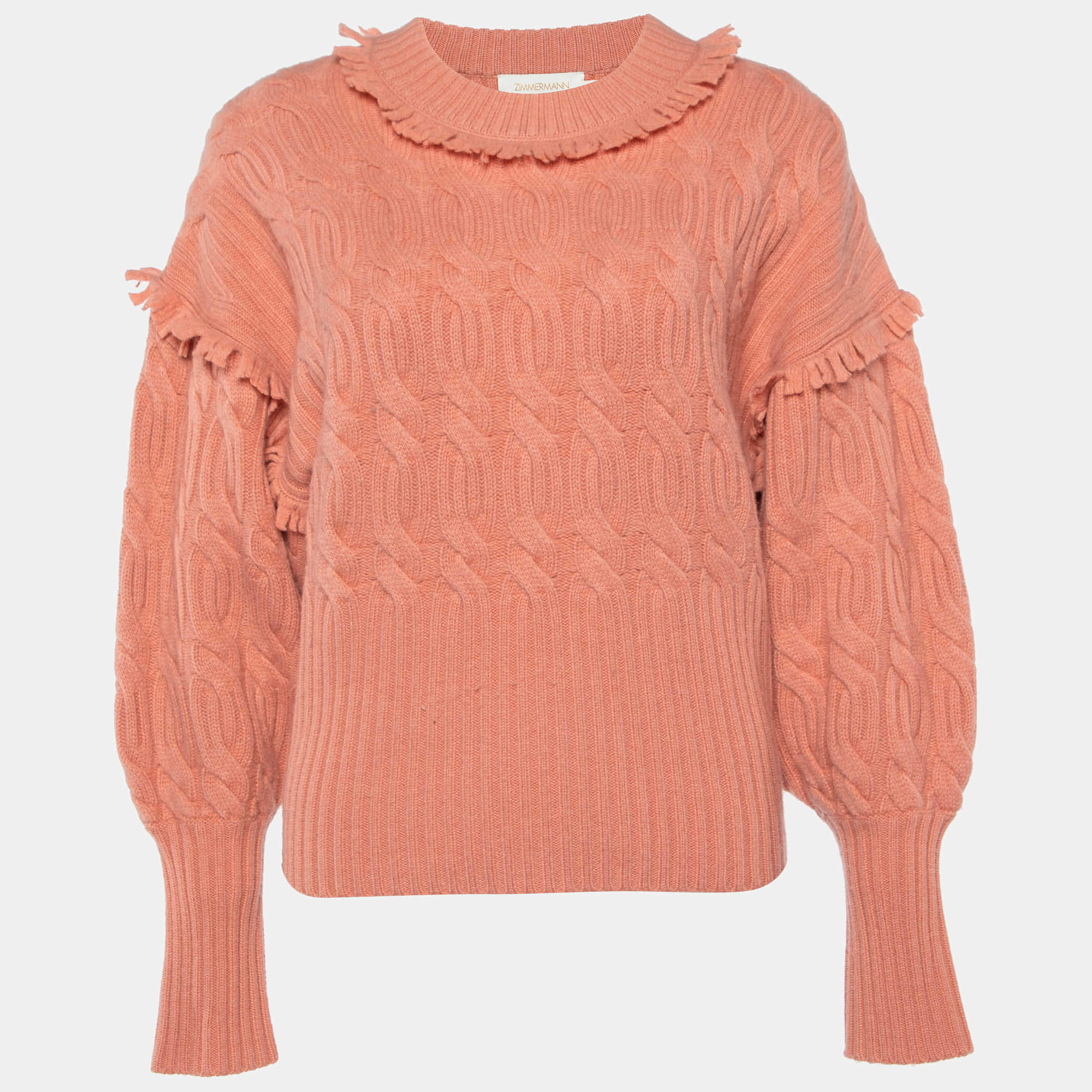 Pre Owned Zimmermann Light Pink Wool & Cashmere knit Fringe Detail Sweater M