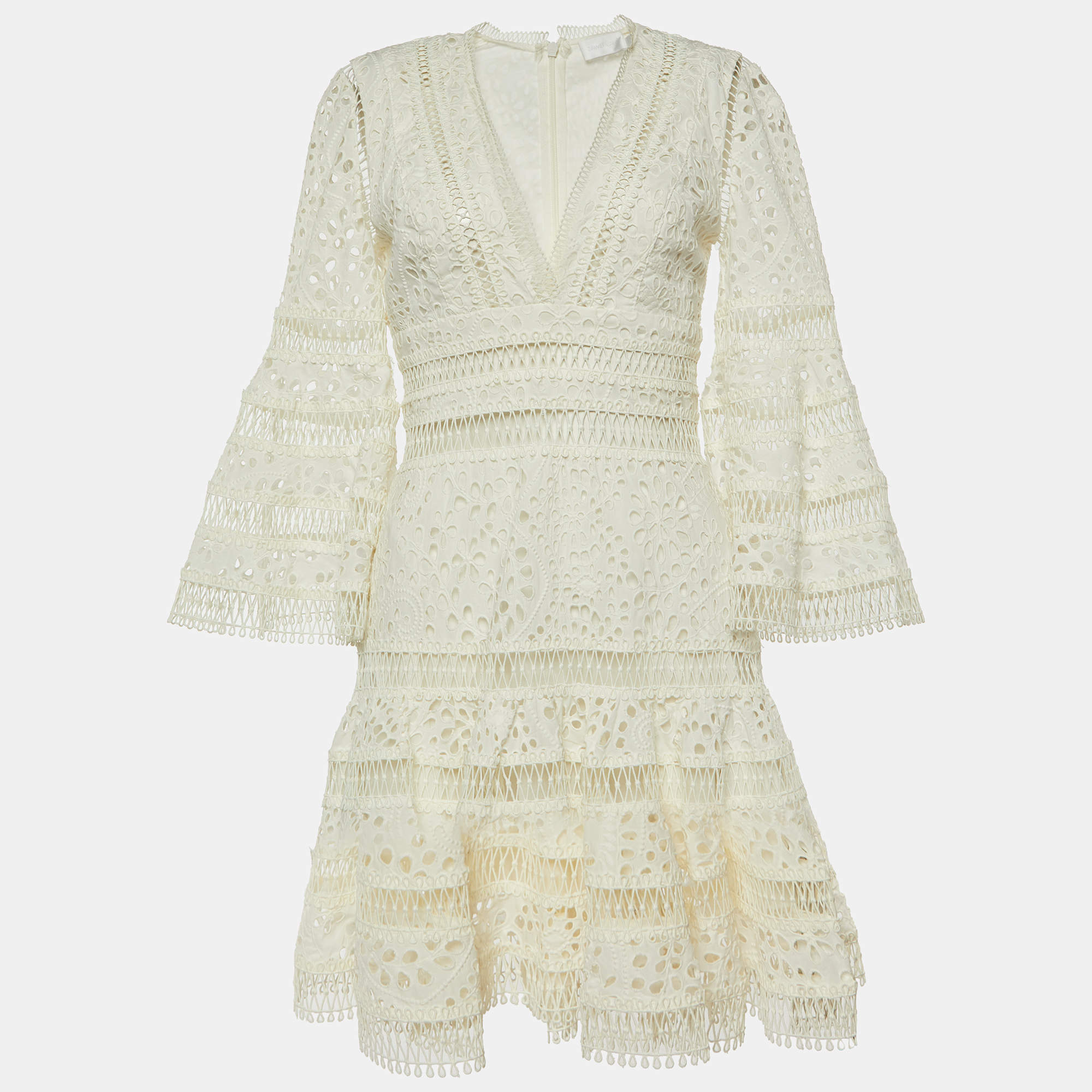 Pre Owned Zimmermann White Cutwork & Lace Lovehorn Mini Dress S