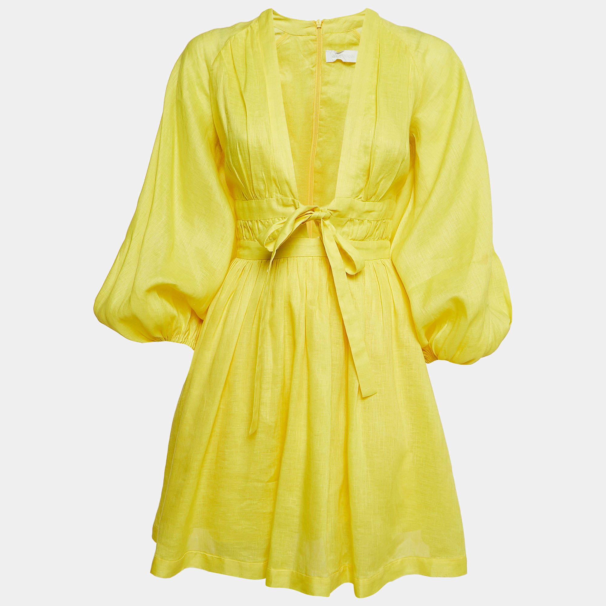Pre Owned Zimmermann Yellow Linen Tie Detail Pleated Mini Dress M