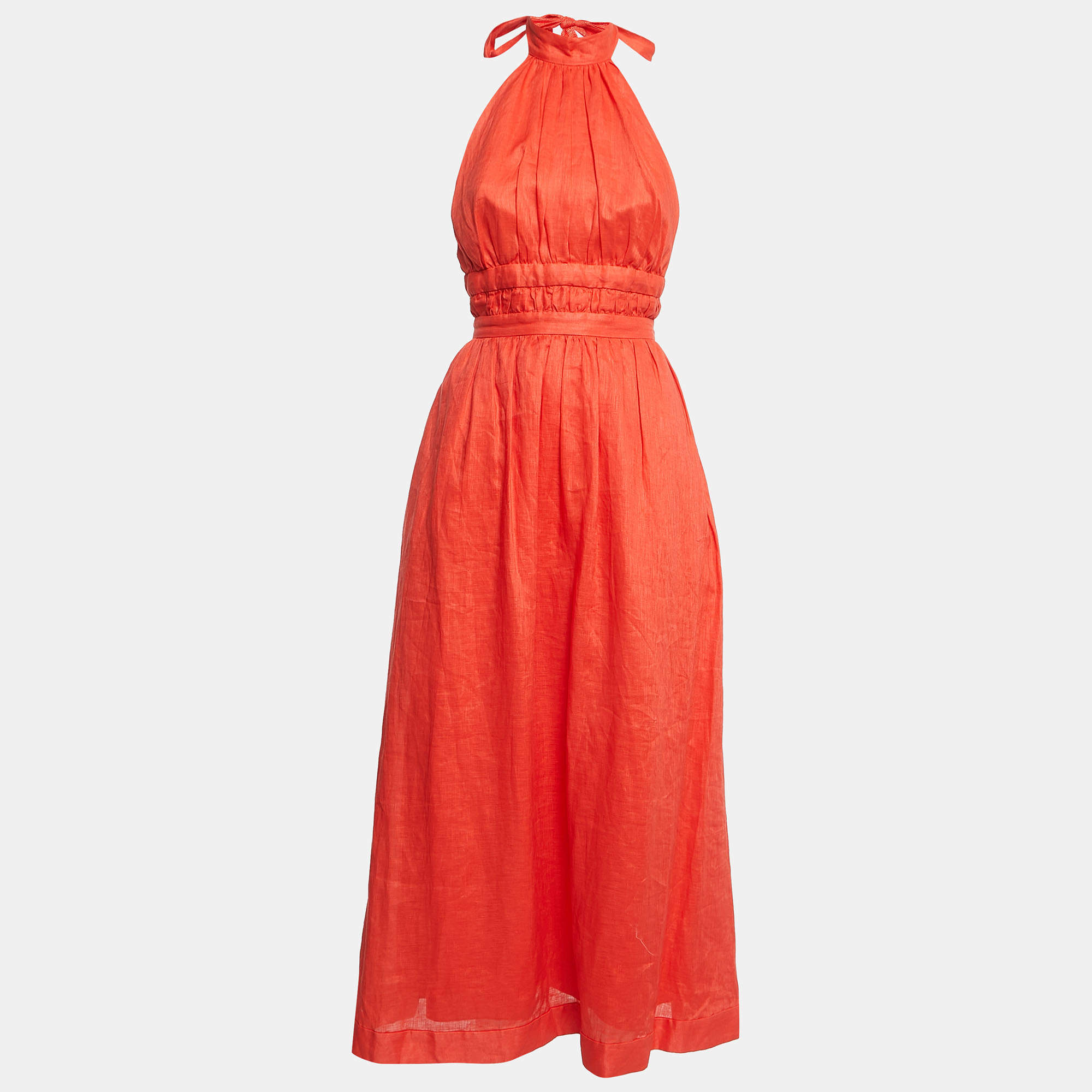 Pre Owned Zimmermann Orange Linen Halter Neck Midi Dress S