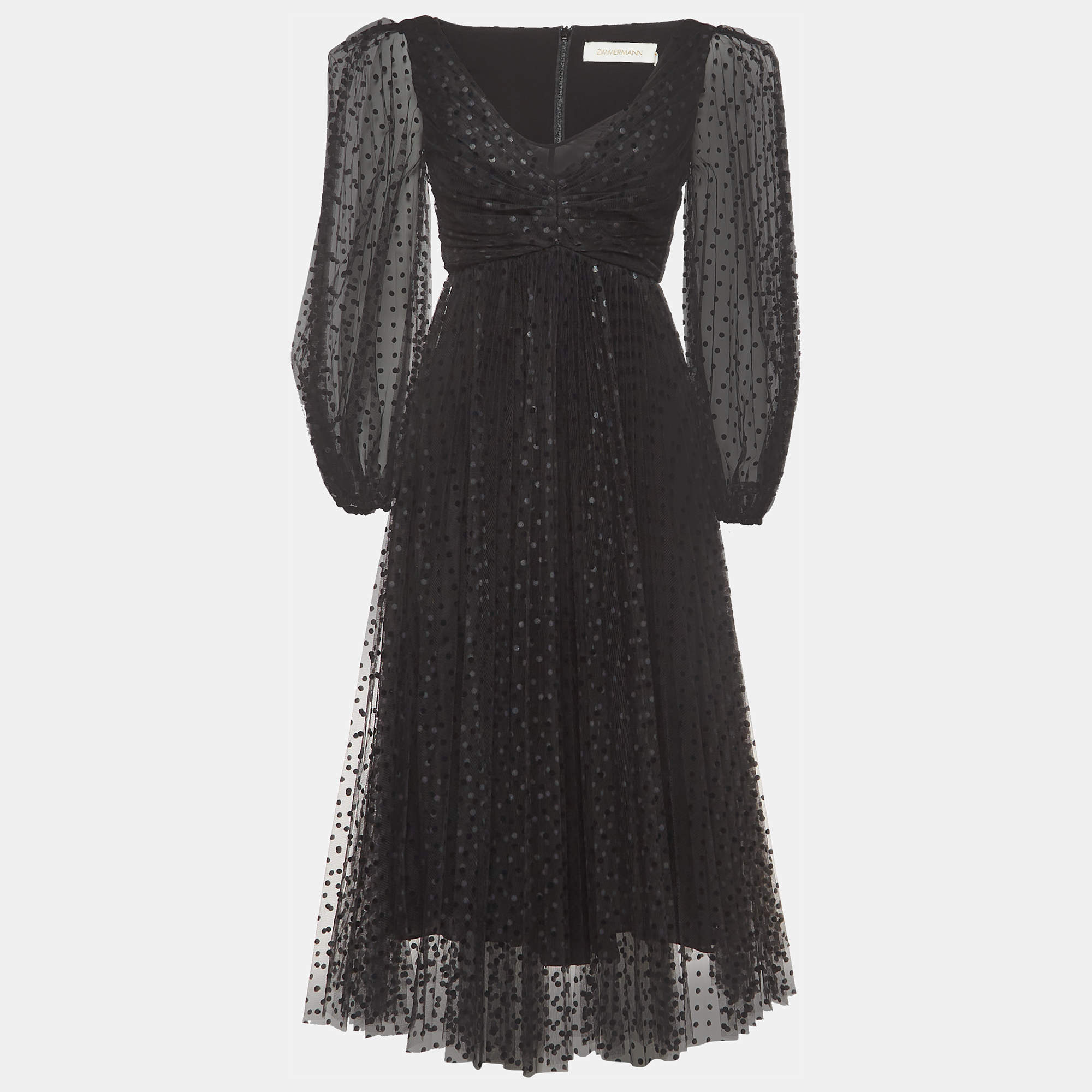 Pre Owned Zimmermann Black Dotted Tulle Pleated Midi Dress S