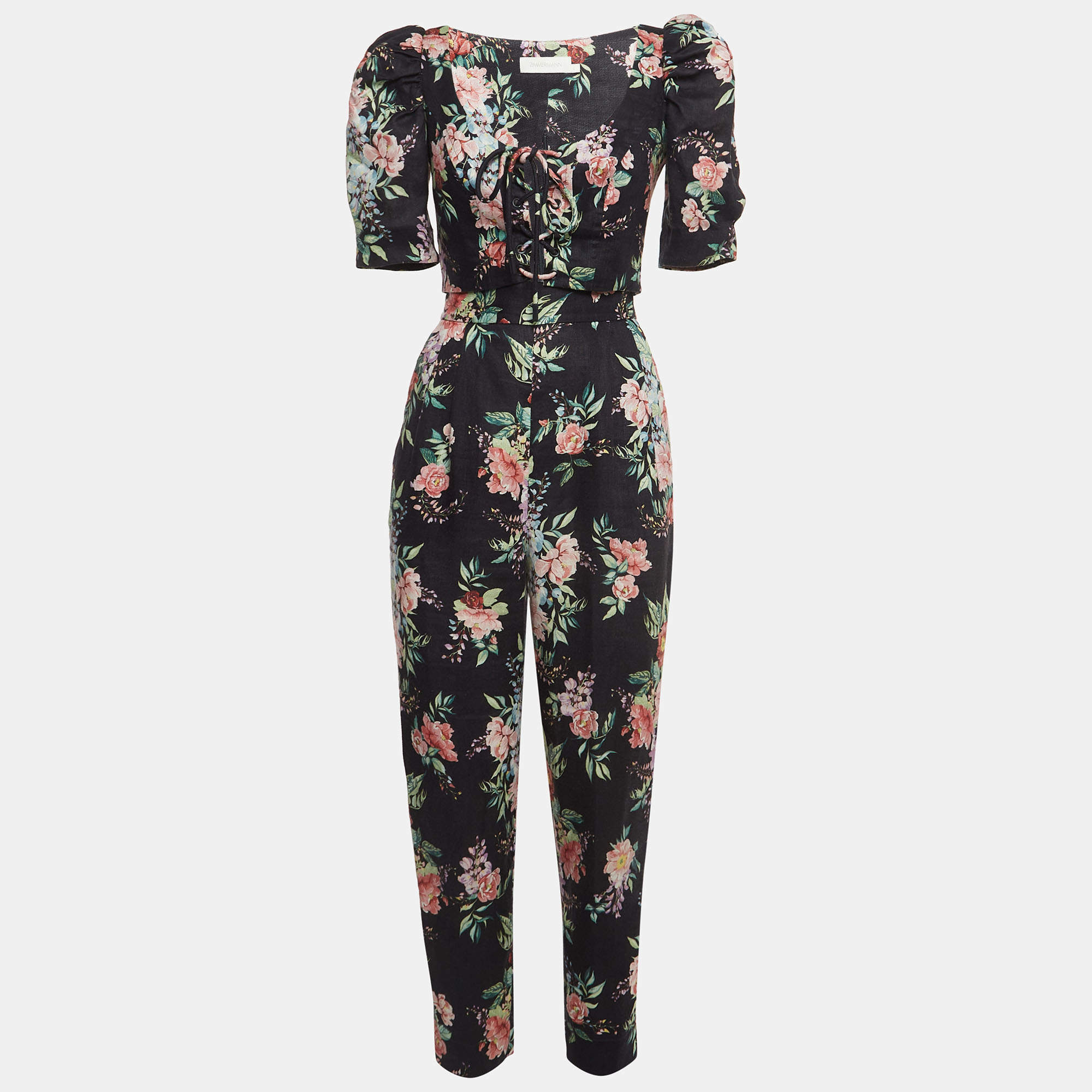 Zimmermann Black Floral Print Linen Lace-Up Crop And Pant Set S