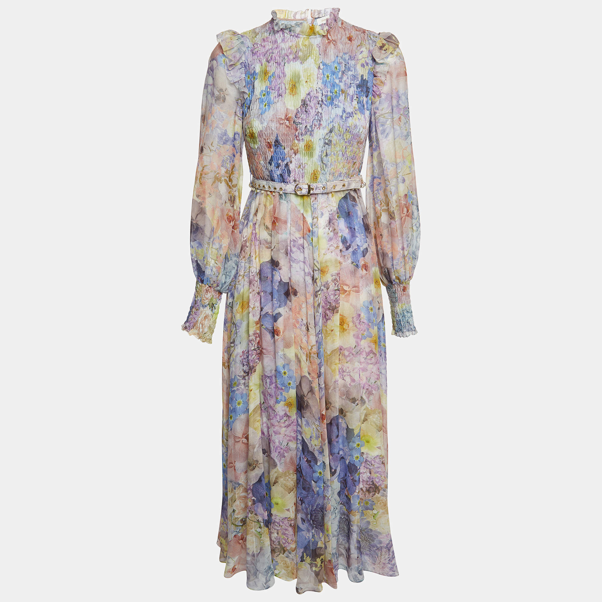 Pre Owned Zimmermann Multicolor Floral Print Cotton Blend Long Sleeve Belted Maxi Dress M