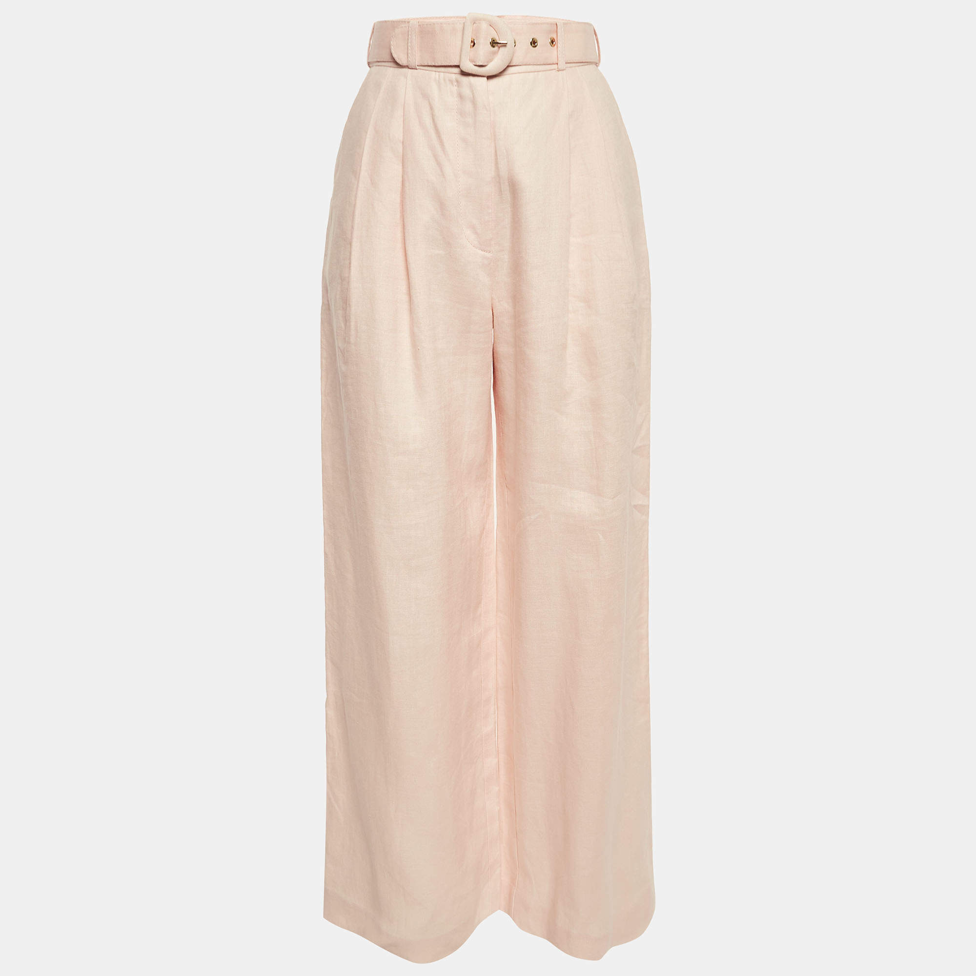 Pre Owned Zimmermann Pink Linen Wide Leg Belted Trousers S
