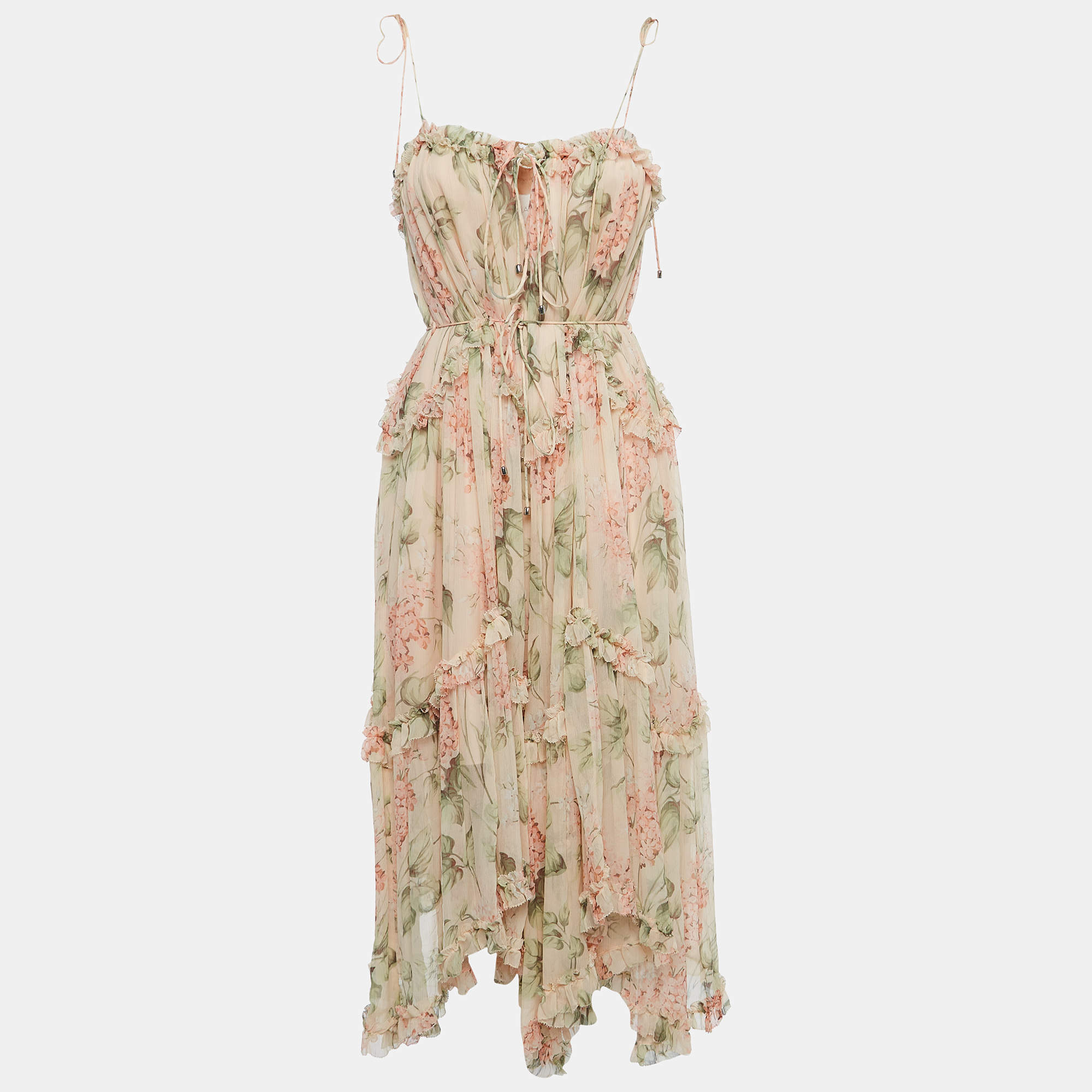 Pre Owned Zimmermann Peach Beige Floral Printed Chiffon Midi Dress S