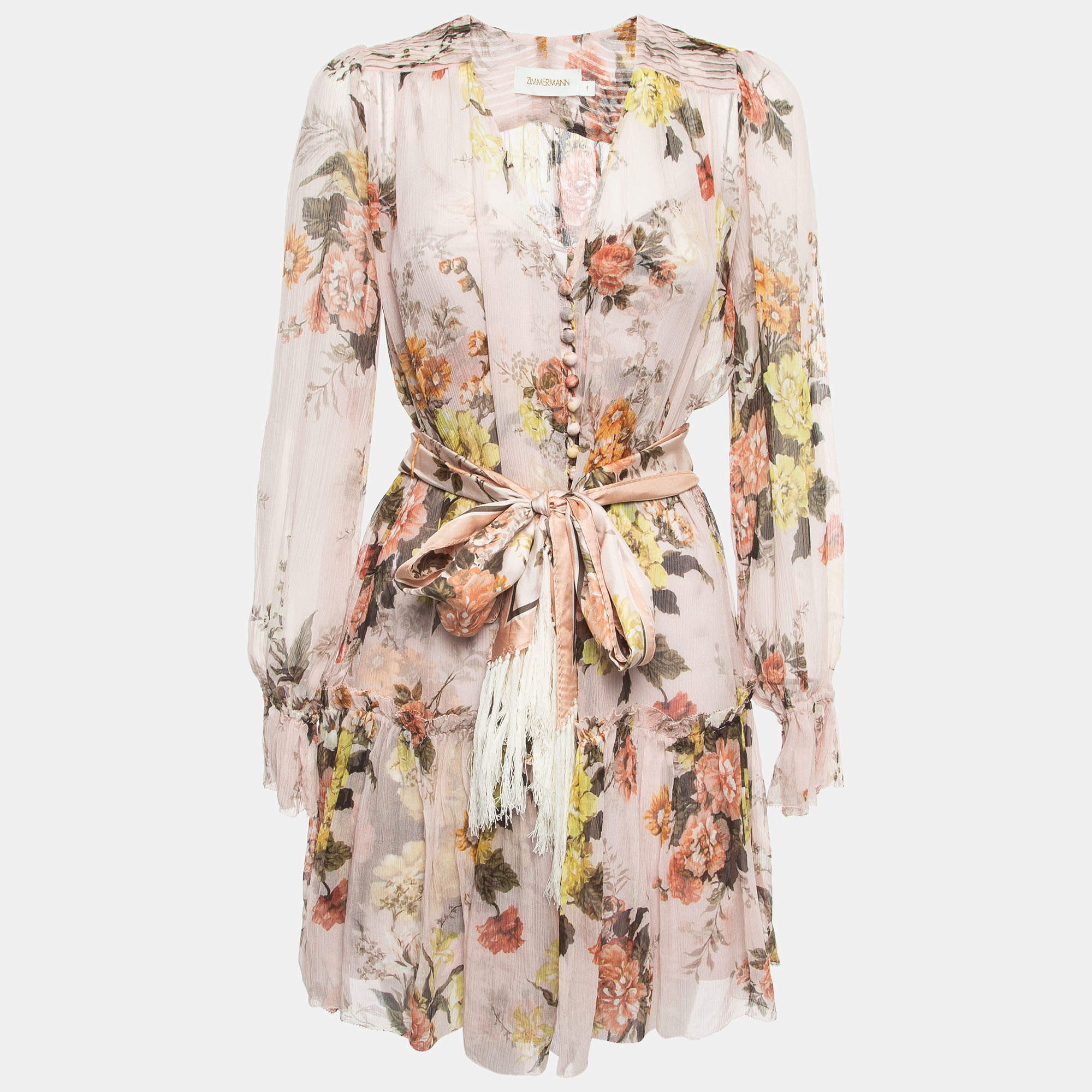 Pre Owned Zimmermann Peach Floral Printed Silk Mini Dresses M