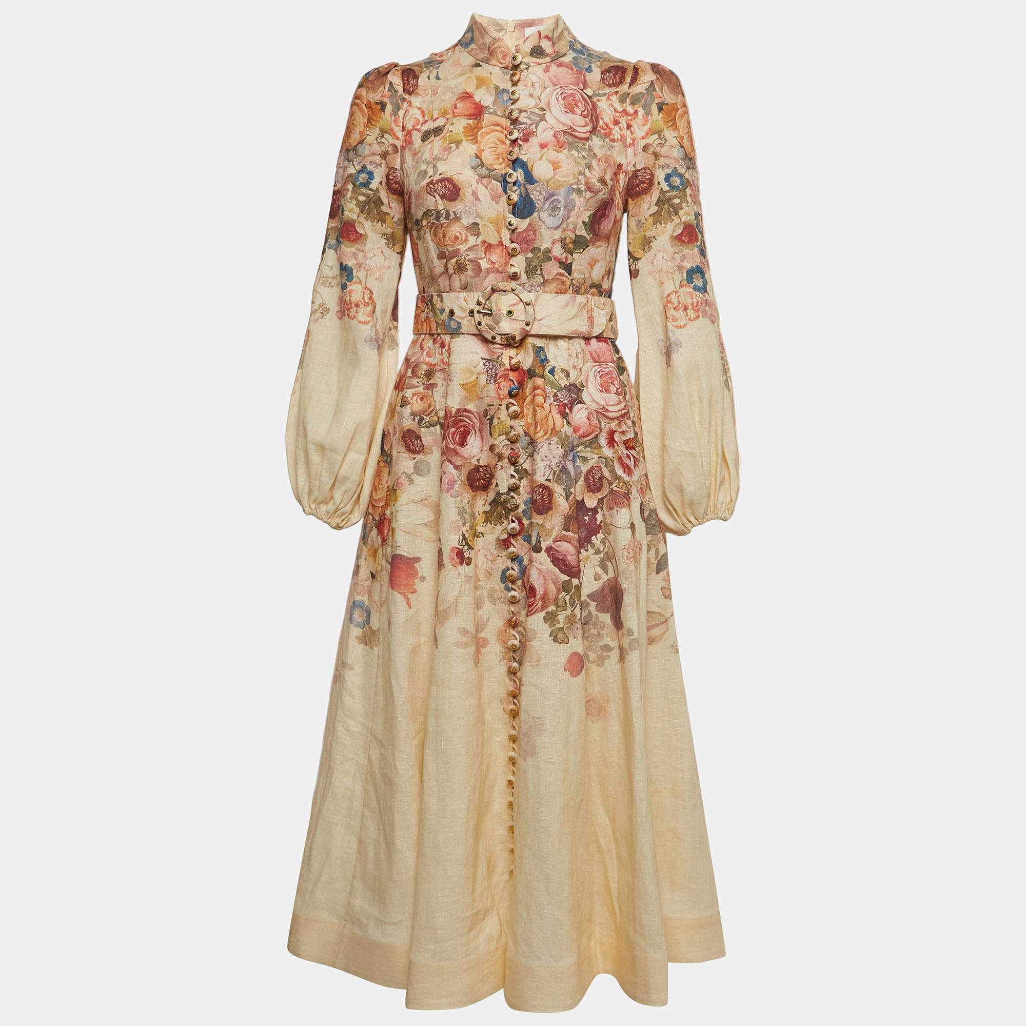 Pre Owned Zimmermann Cream Luminosity Printed Linen Belted Midi Dress S