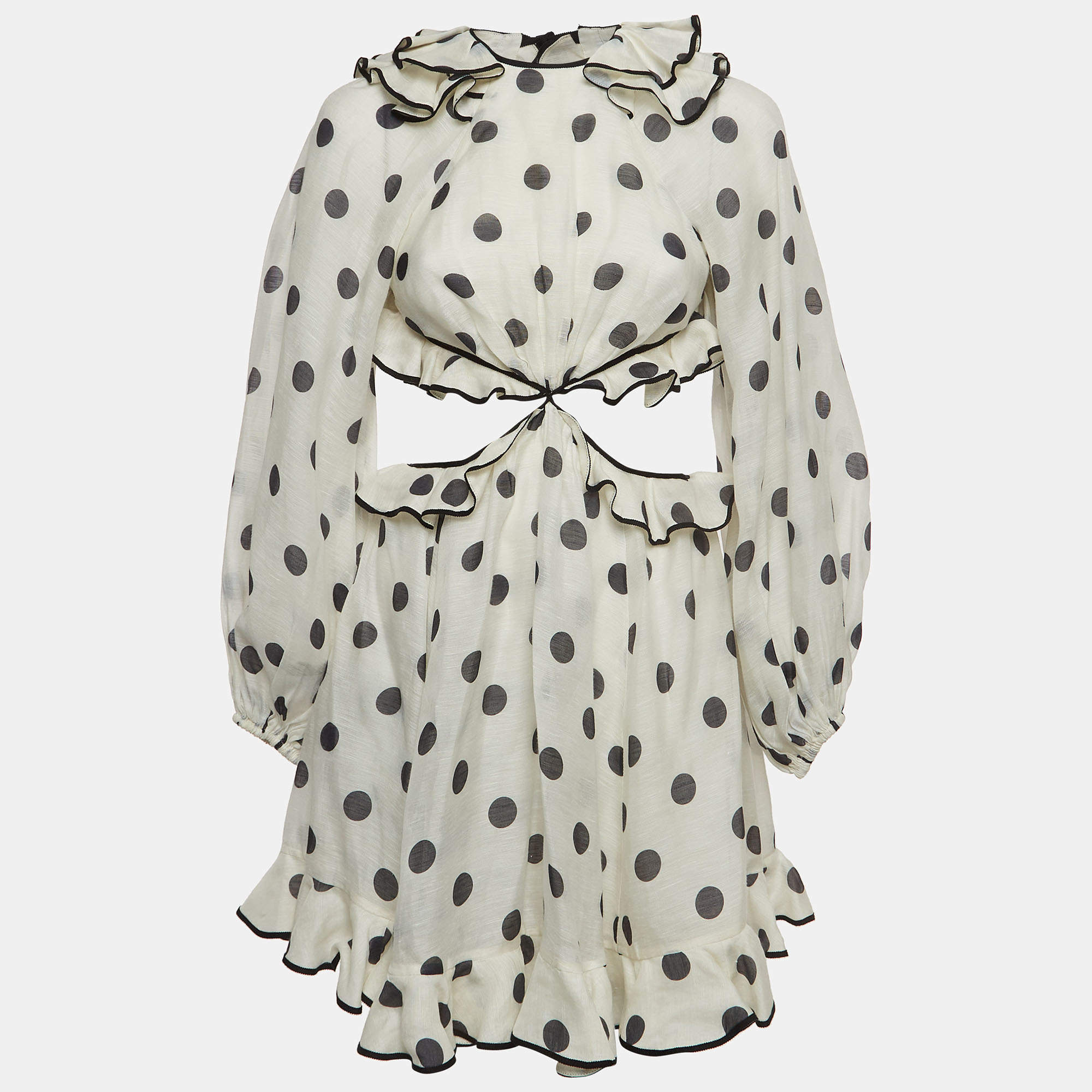 Pre Owned Zimmermann White/Black Polka-Dot Printed Linen Blend Frilled Mini Dress S