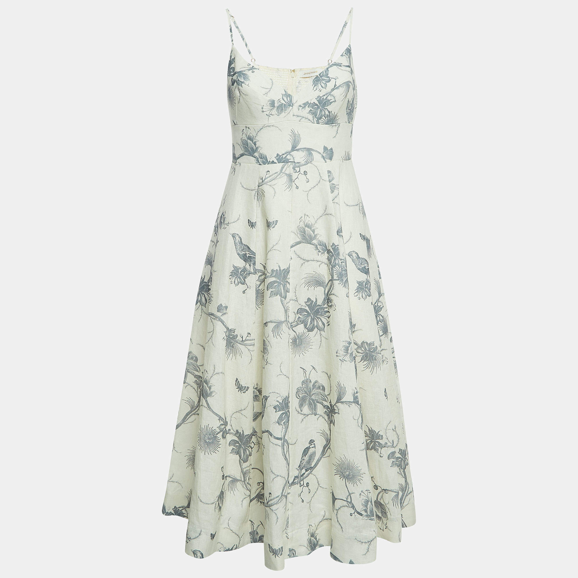 Pre Owned Zimmermann White Floral Print Linen Picnic Midi Dress M