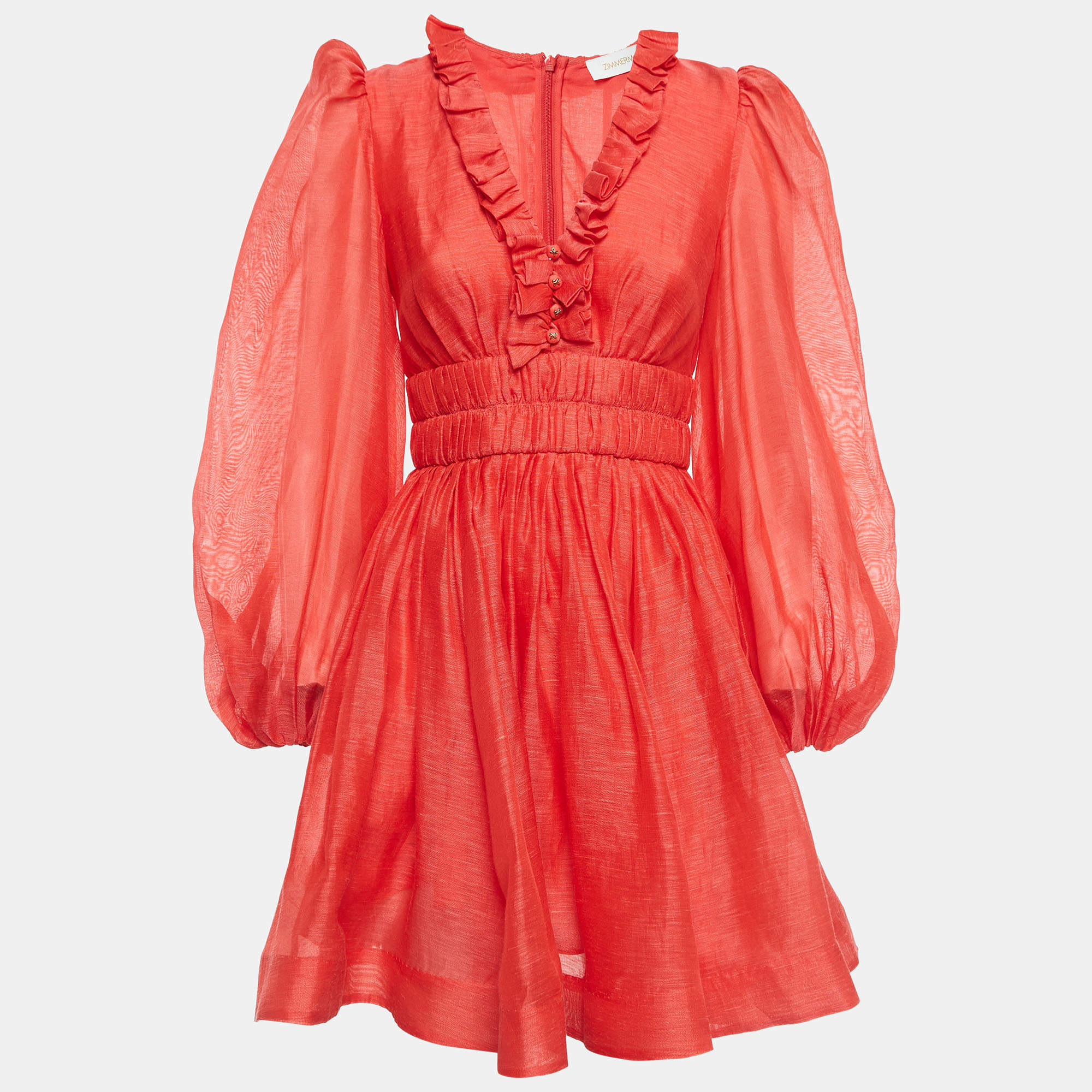 Pre Owned Zimmermann Red Linen and Silk Flared Mini Dress S