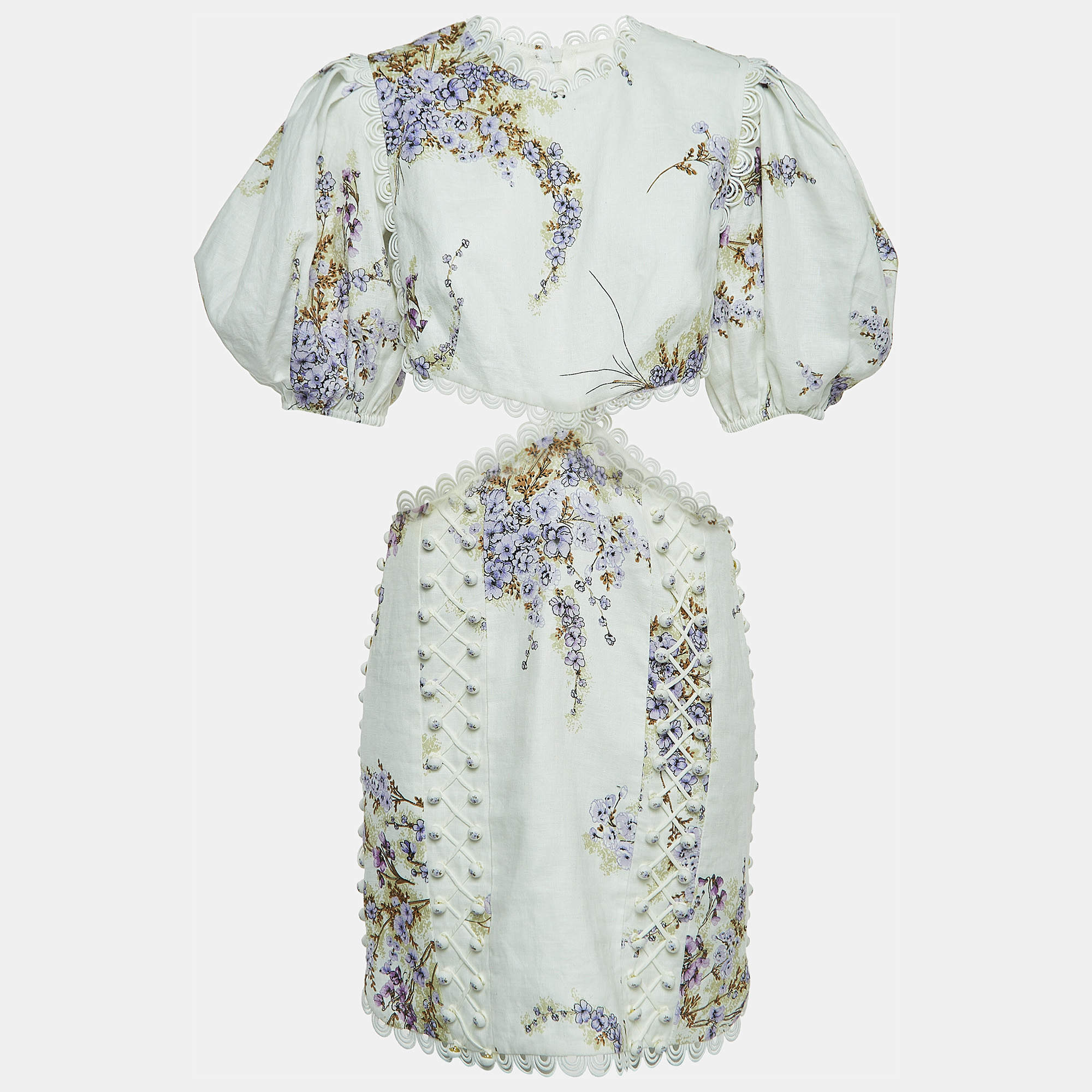 Zimmermann White Floral Printed Linen Cutout Mini Dress L