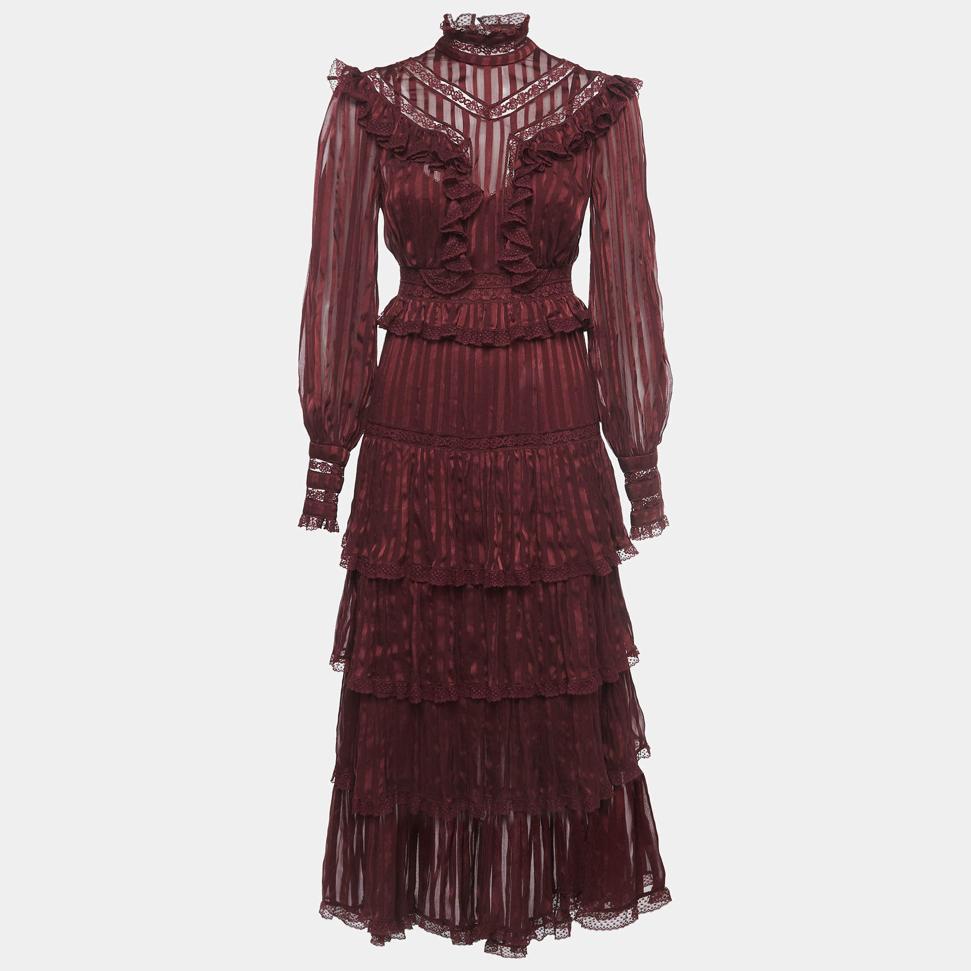 Pre Owned Zimmermann Burgundy Lace Ruffled Silk Espionage Panel Dress S