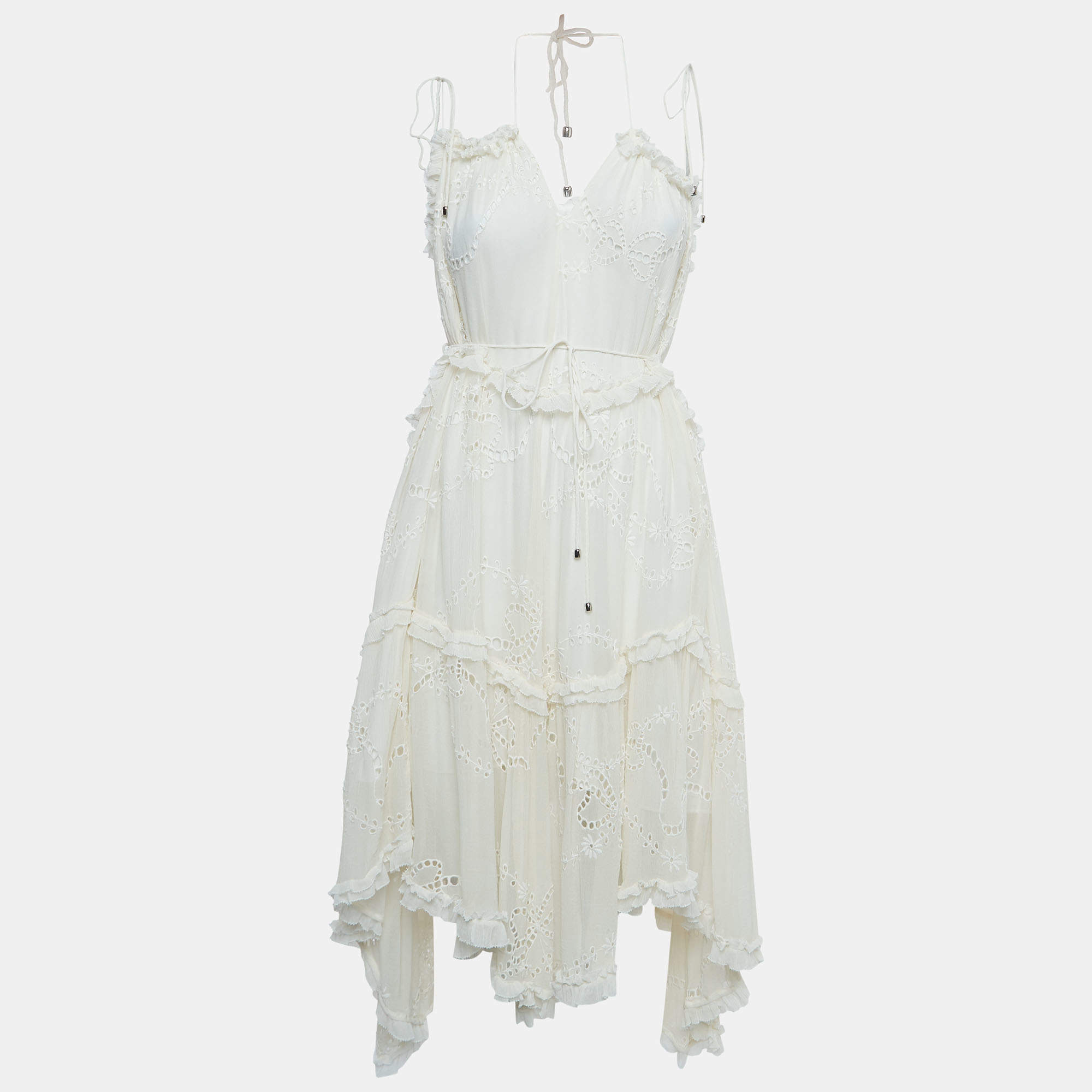 Pre Owned Zimmermann White Eyelet Silk Tie-Up Strap Asymmetric Dress M