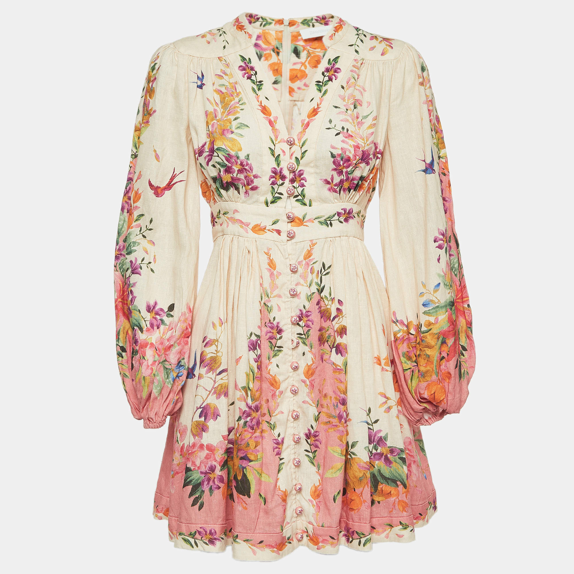 مملوكة مسبقًا Zimmermann Beige/Pink Tropicana Print Linen Mini Dress S